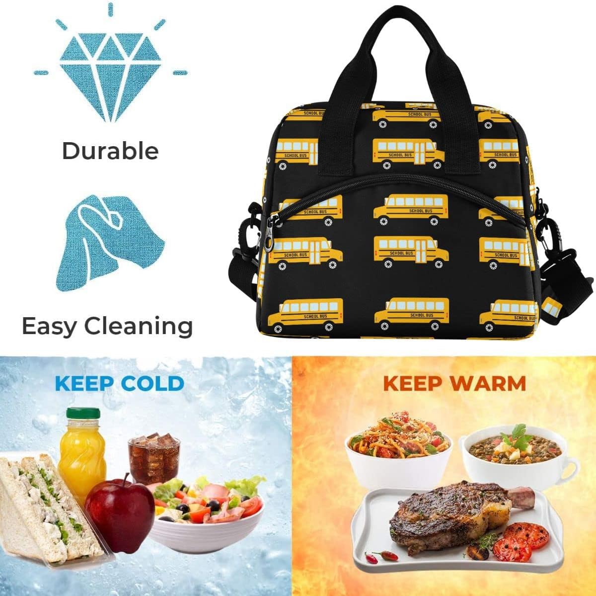 Yellow School Bus Pattern Lunch Bag Insulated Lunch Box Food Container Meal Prep Cooler Handbag for School Office Outdoor Picnic