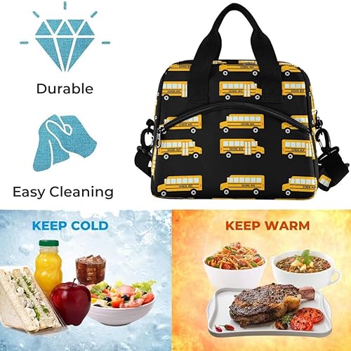 Miniatura 5 de Bolsa de almuerzo amarilla con patrón de autobús escolar, lonchera aislada, contenedor de alimentos, preparación de comidas, bolso enfriador para
