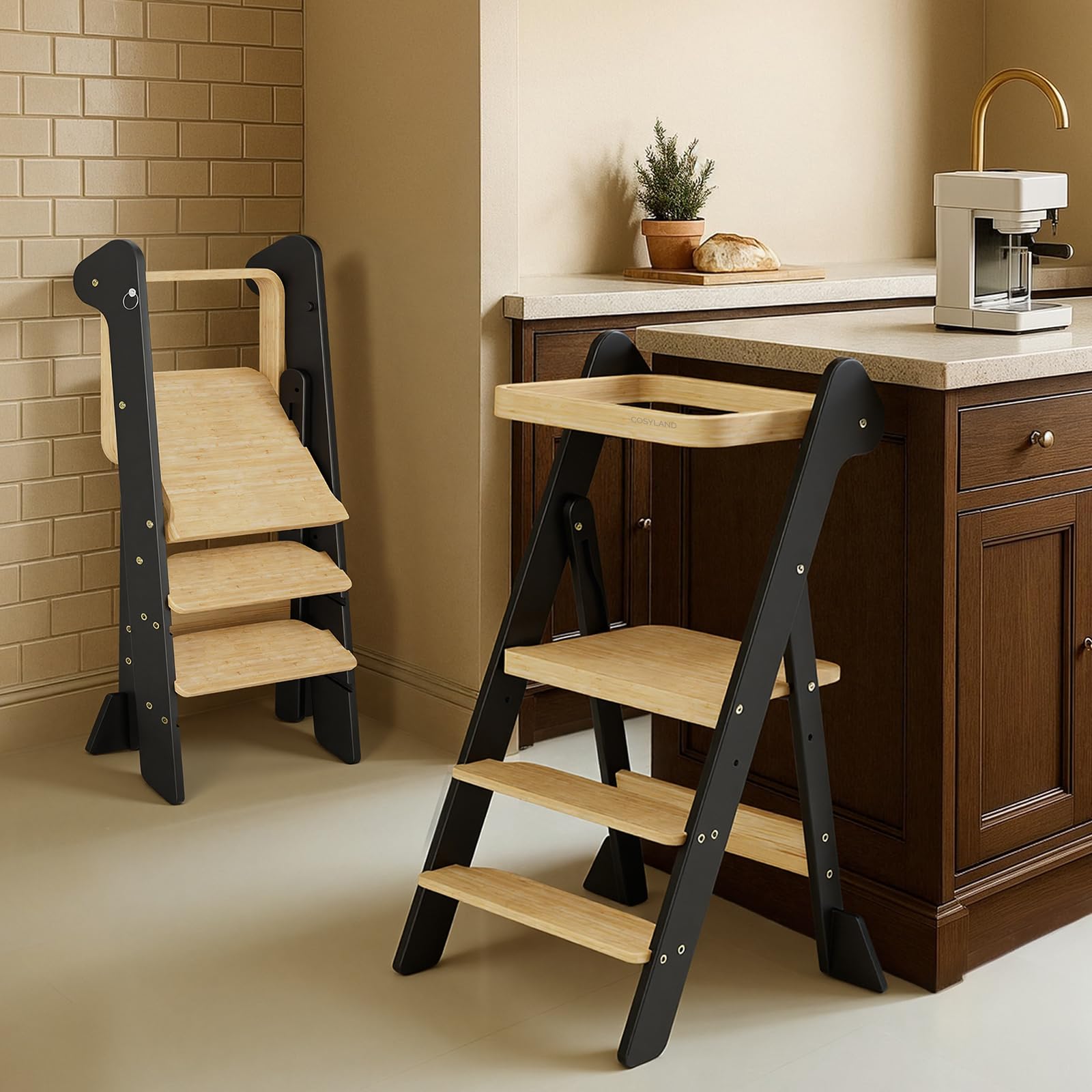 COSYLAND Torre de Aprendizaje Plegable Desde 1 Año – Premio iF Design, Torre Montessori con Red de Seguridad y Altura Ajustable, Ideal para Cocina y Baño, Foldi (Negro y Natural)