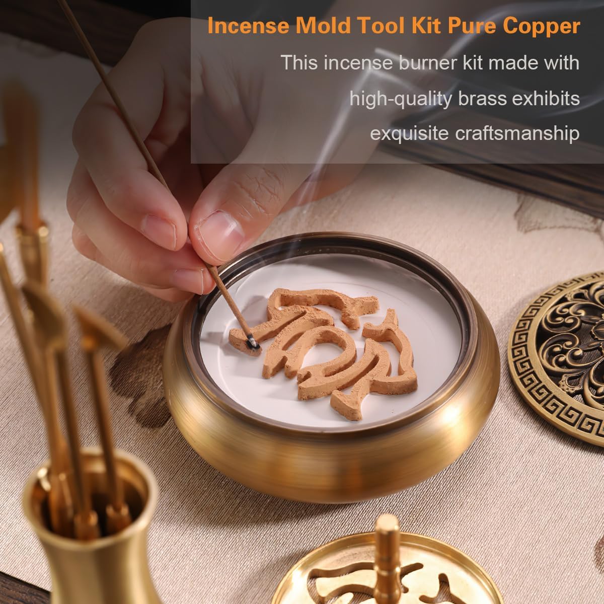 Kit bruciatore di incenso cinese, kit bruciatore di incenso in puro rame/ottone, accessorio per fragranze cinesi per la casa con strumenti per stampi per incenso