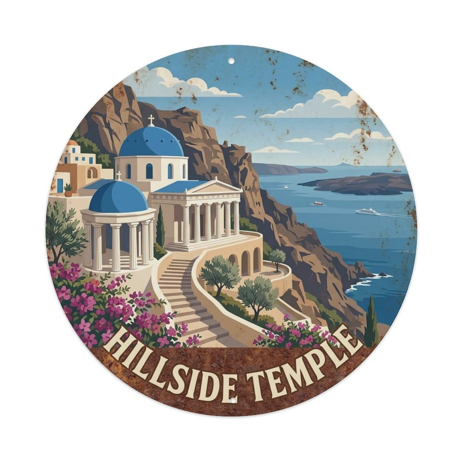 Vintage Travel Temple Santorini Hillside Metal Tin Sign