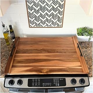 Noodle Board Stove Cover with Handles, Acacia Wood Stove Cover, Black and Gold Handles Included, 30.25"L x 21.75"W, Stove Top Covers for Gas Burners, Stove Top Covers for Electric Stove