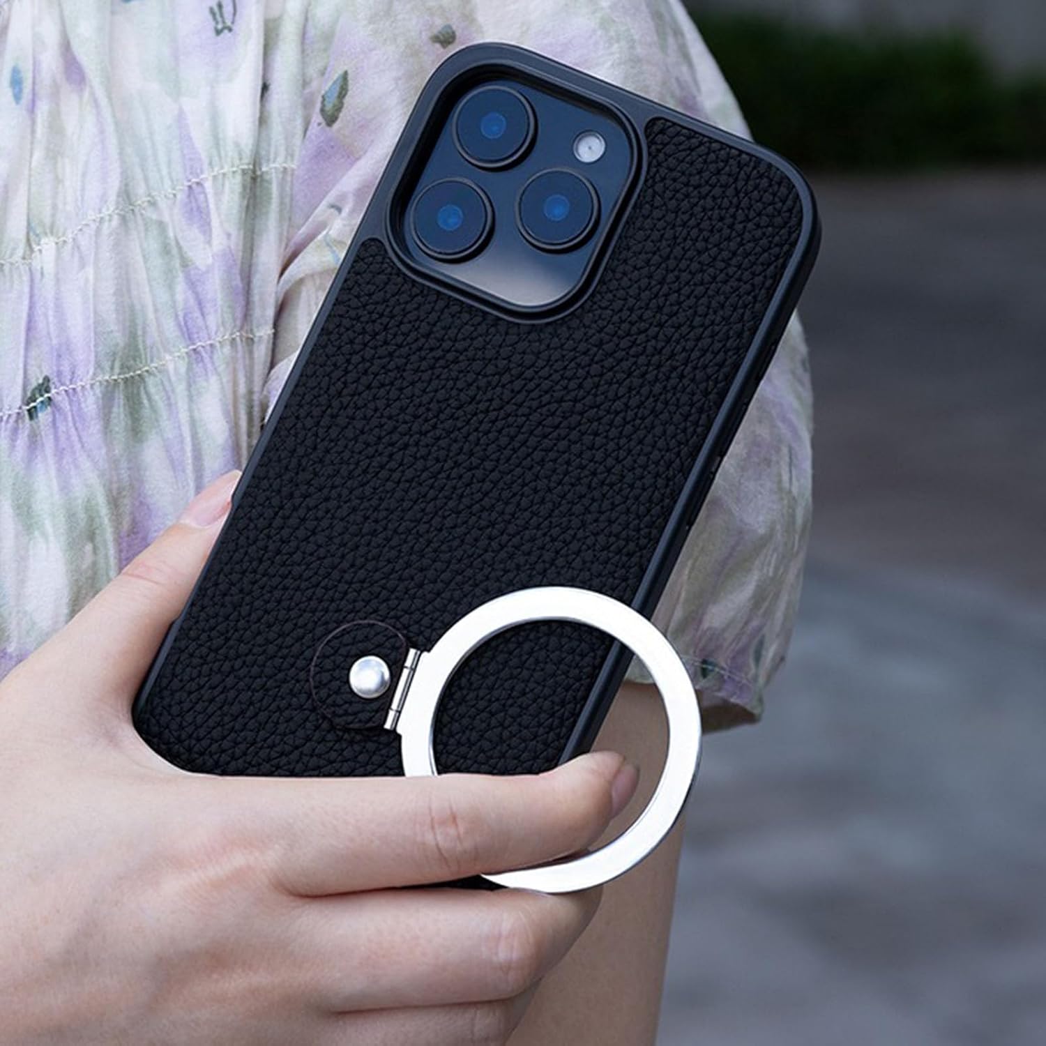 Slim Case for iPhone 17/17 Air/17 Pro/17 Pro Max, Genuine Leather Magnetic Ring Case Litchi Texture Shock Protection Cover Blue