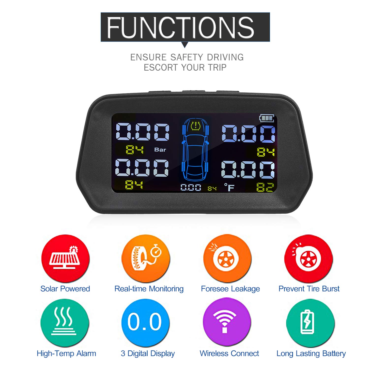TPMS Reifendruck kontrollsystem, Reifendrucküberwachungssystem, Solar Charge 5 externen Sensoren, 6 Alarmfunktion Echtzeit-Anzeigedruck und Temperatur von 4 Reifen