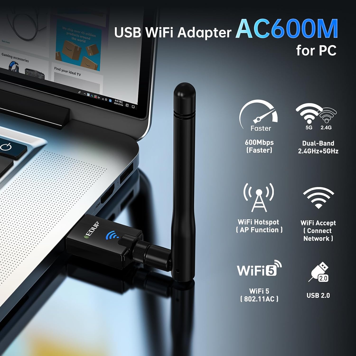 EDUP® USB WiFi Adapter AC600M for Desktop PC, Wireless USB Network Adapters | Dual Band 2.4G/5.8Ghz Wi-Fi Dongle, Compatible with OS Windows 11/10/8.1/8/7/XP & Mac 10.6~10.14