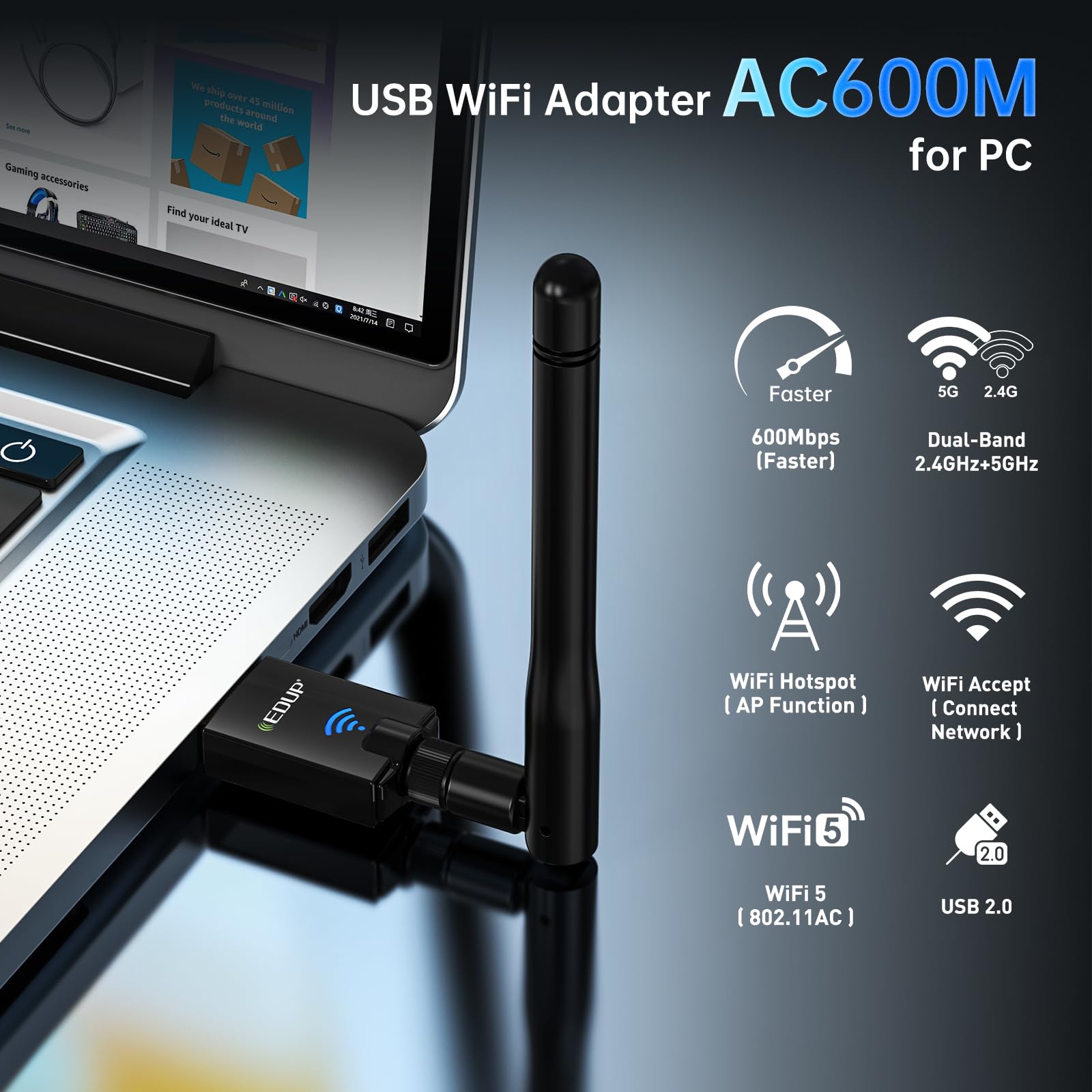 EDUP Adaptateur WiFi AC600Mbps USB sans Fil 5GHz/2.4GHZ Dual Band 600Mbps Adaptateur USB 2dBi Antenne Externe Compatible Windows 10, Win8, Win8.1, Win 7, macOS 10.7-10.15 FBA_EDUP-EP-1607