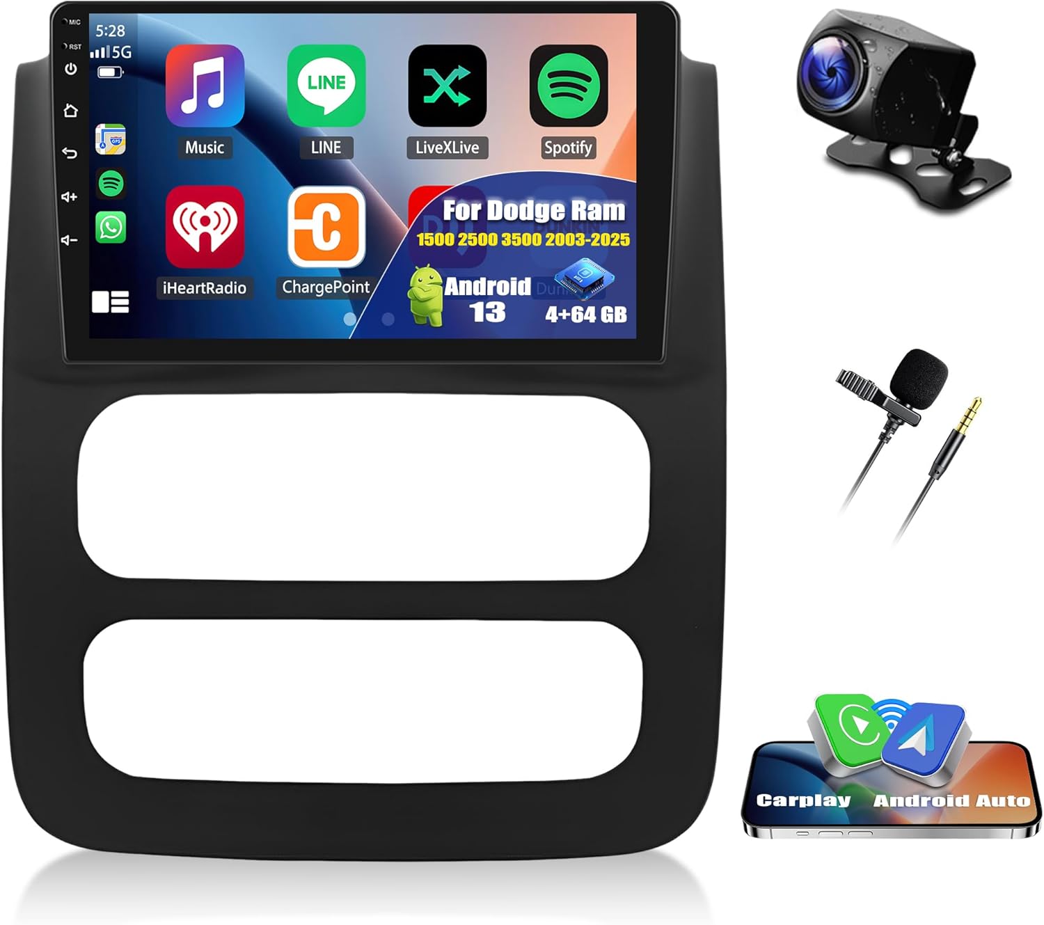 4+64GB Car Stereo Radio for Dodge RAM 1500 2500 3500 2002 2003 2004 2005, 9" Touchscreen Android 13 Wireless Car Radio Stereo with CarPlay Android Auto GPS Navigation SWC WiFi Bluetooth Camera Mic