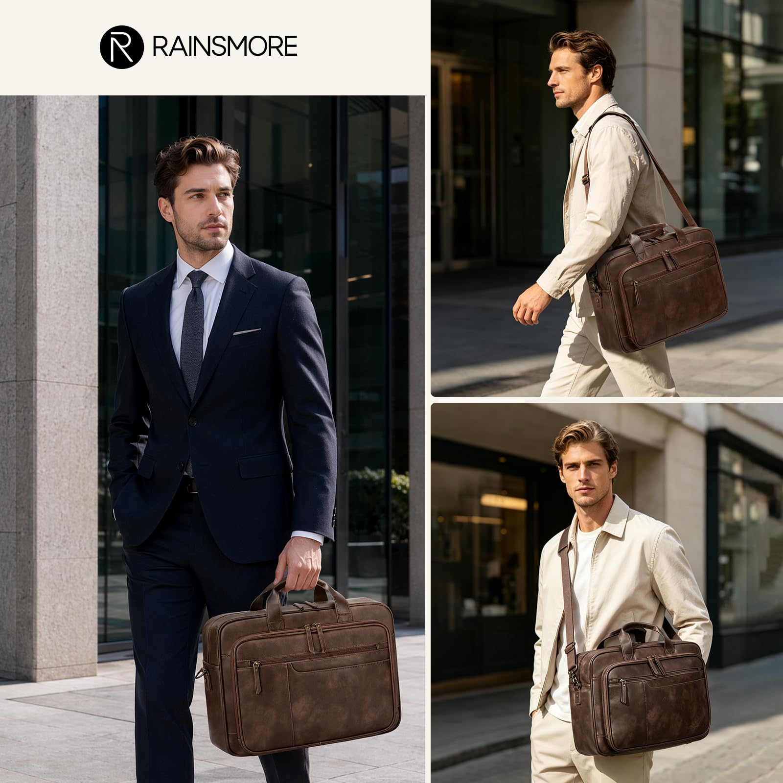 RAINSMORE Aktentasche Herren Vintage PU Leder 16 Zoll Laptoptasche | Arbeitstasche, Wasserdicht Ledertasche, Messenger Bag, Effiziente Organisation, Vielseitig für Büro, Uni, Geschäftsreisen