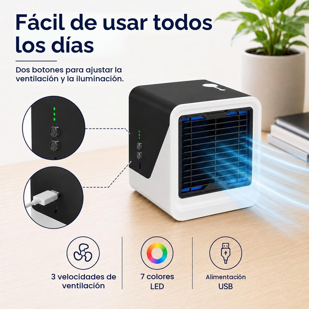 Mini Aire Acondicionado Portátil sin Tubo, Ventilador de Aire Frío 3 en 1 con Luz Nocturna, Enfriador Personal Silencioso de 3 Velocidades para Habitación y Escritorio