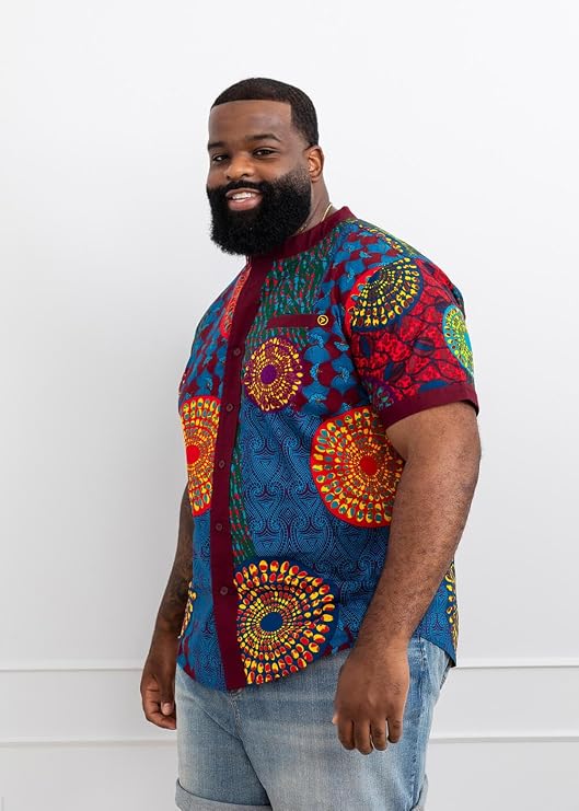 Arno Men's African Print Mandarin Button-Up Shirt (Black Cream Tribal) Black / 3XL