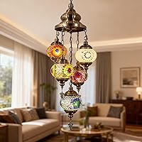 Handmade 5-Globe Turkish Moroccan Mosaic Chandelier - Multicolored Glass Pendant Hanging Light for Living Room Bedroom