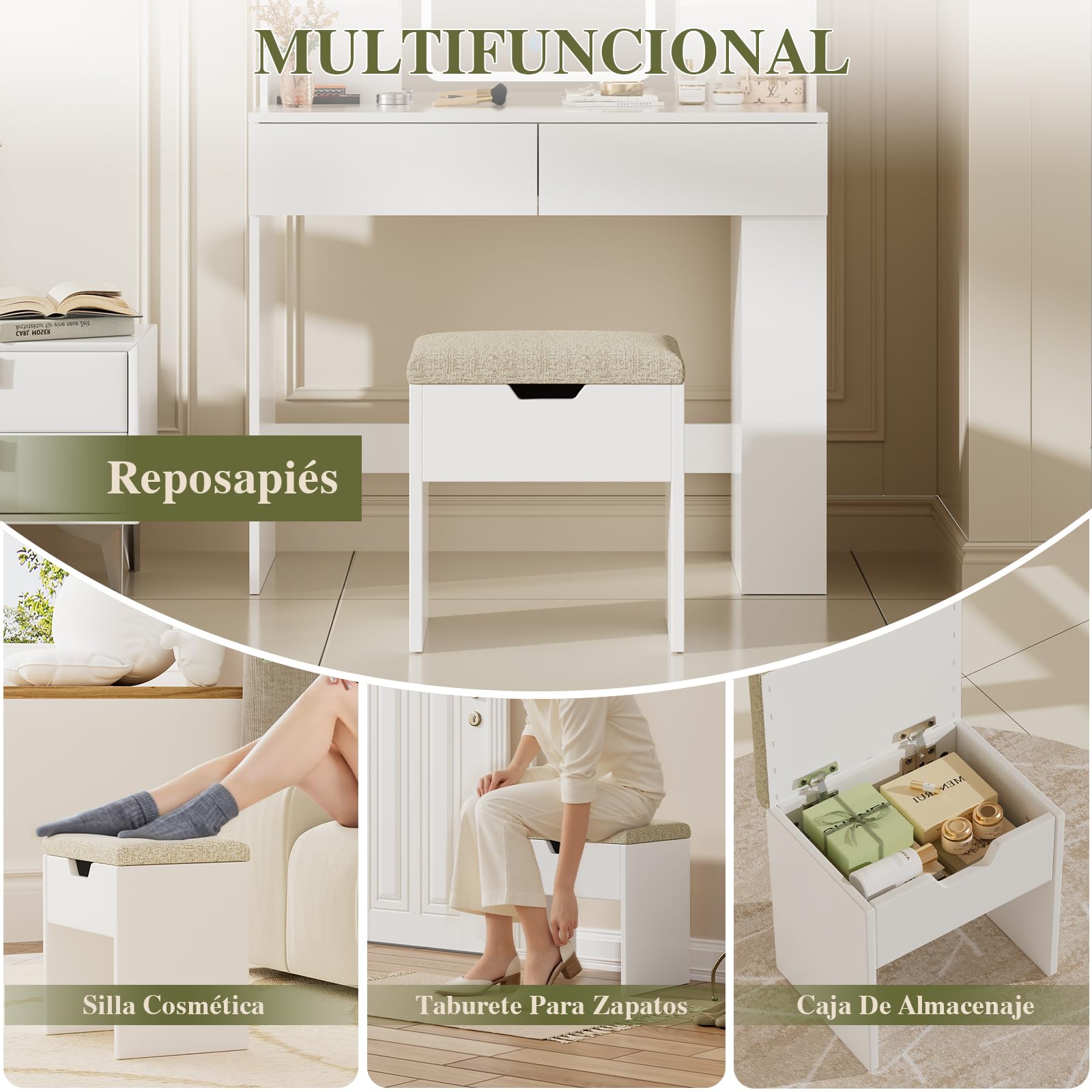 TRIUMPHKEY Taburete de Tocador con Almacenaje, Taburetes de Maquillaje, Silla Tocador de Maquillaje para Dormitorio, Reposapiés con Almohadilla Taburete Tapizado Moderno, Blanco