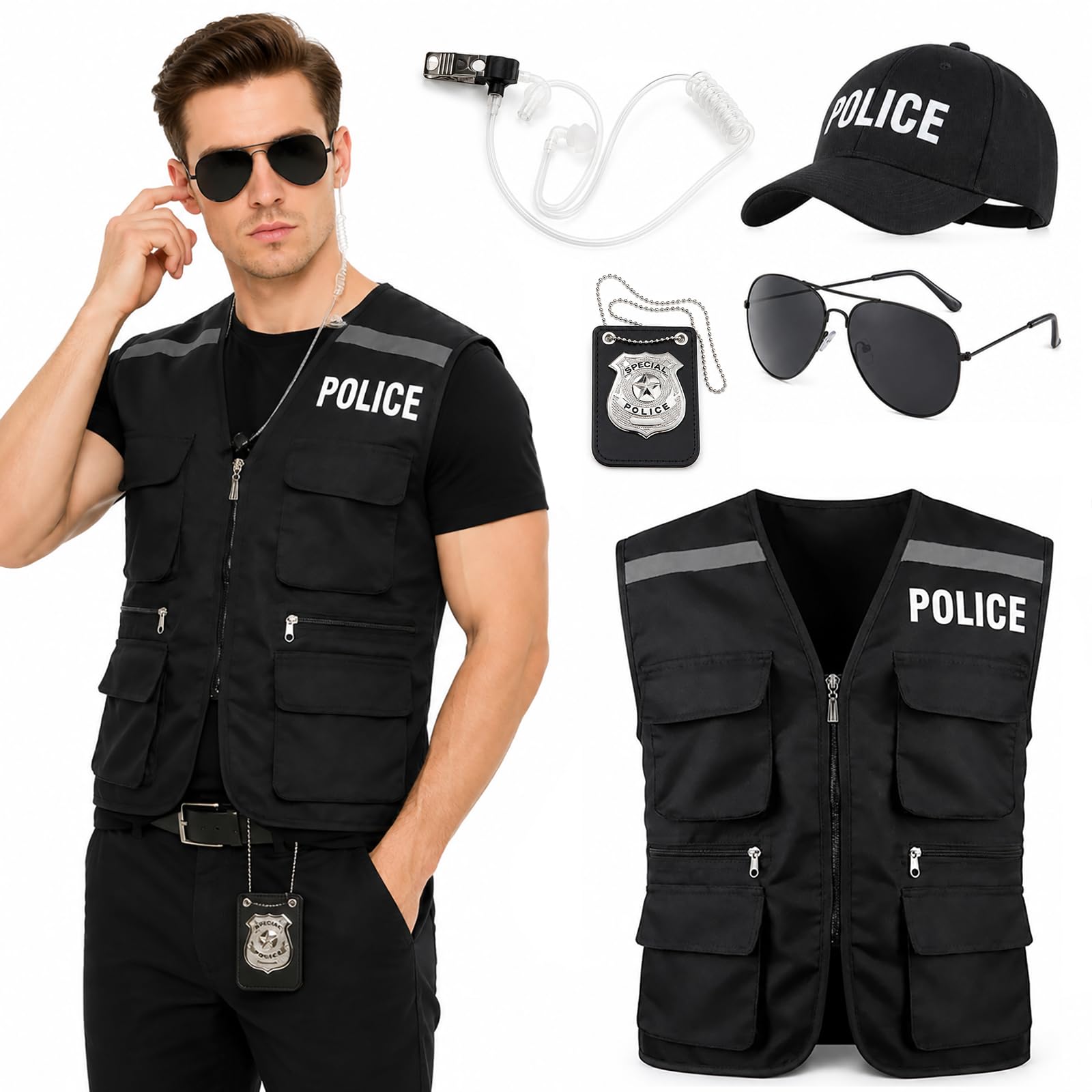 Disfraz de policía para adultos, juego de 5 unidades, color negro, chaleco de policía, gorro de policía, gafas, auriculares, cosplay, para carnaval, Halloween, fiestas de disfraces