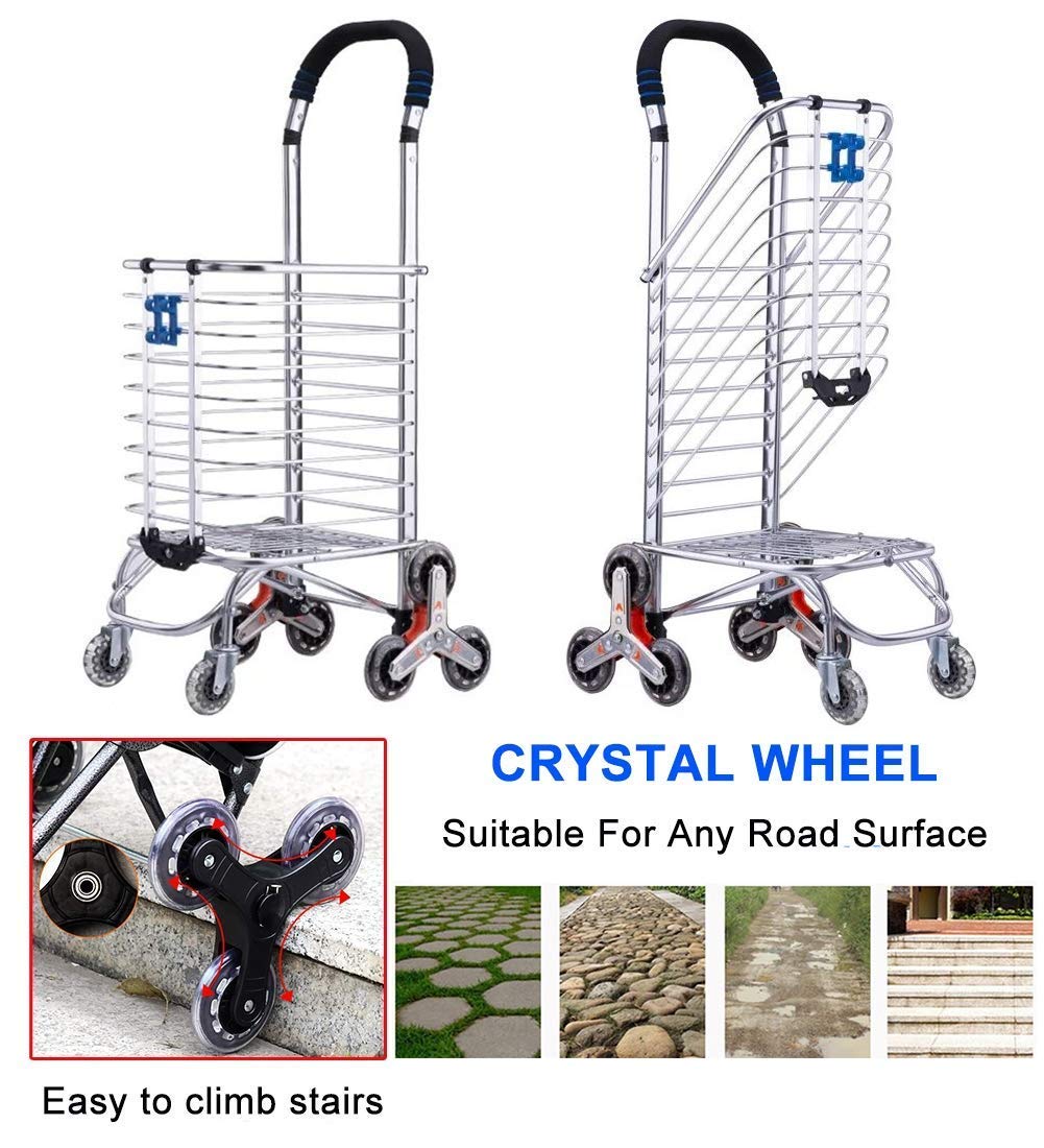 Carrello Della Spesa Pieghevole Multiuso Con Ruote Per Scale - Lega Di Alluminio, Capacità 50kg - Include 2 Cestini Impermeabili E Corda Elastica (Argento) - 3