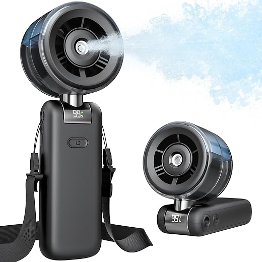 Misting Fan Portable - Handheld Turbo Fan with Cool Mist Spray, 4000mAh Rechargeable, 5 Speeds, Personal Foldable Water Mister for Summer Travel, Beach & Outdoor Essentials - Black