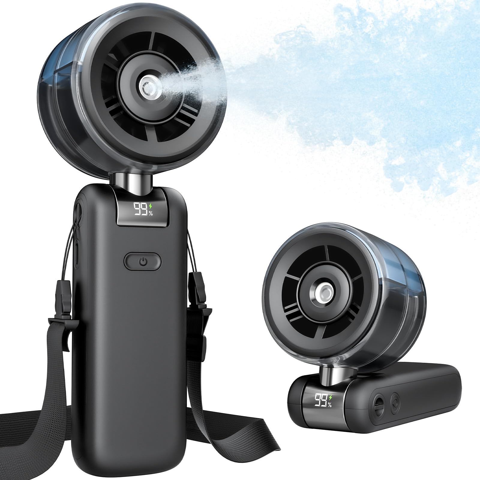 Ventilateur brumisateur portable – Ventilateur turbo portable avec pulvérisation de brume froide, 4000 mAh rechargeable, 5 vitesses, brumisateur d'eau pliable personnel pour voyage d'été