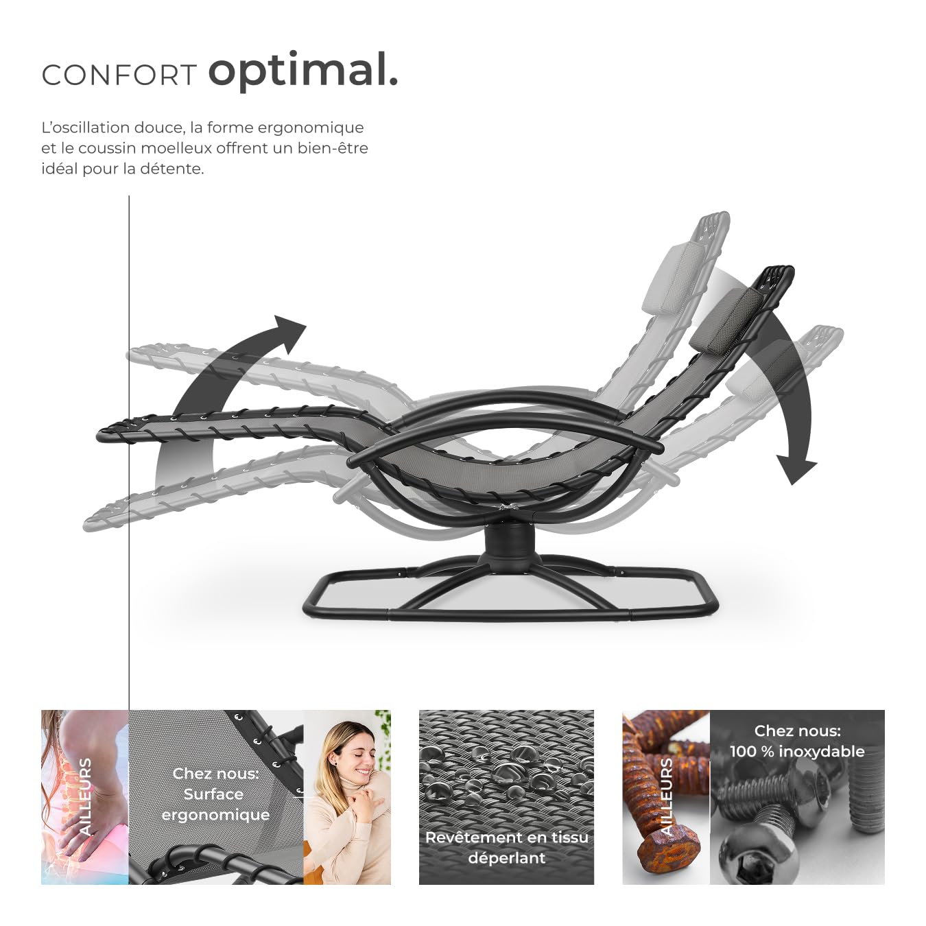 tectake® Chaise Longue Bain de Soleil Ergonomique et à Bascule Max. 120Kg, Imperméable, Transat Jardin Exterieur Relaxation Camping Salon de Jardin Exterieur Amenagement Balcon Terrasse Piscine Lounge