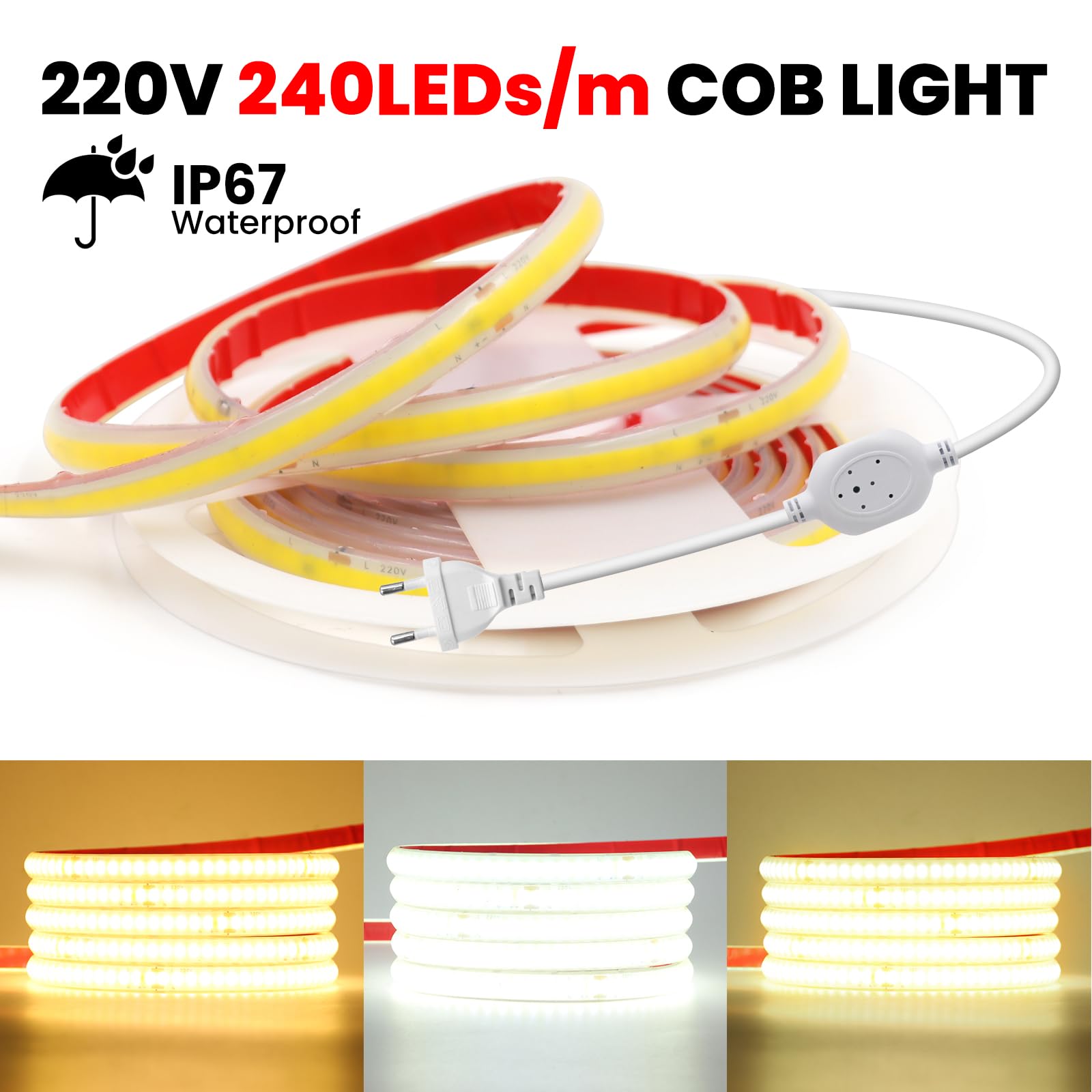 Anschluss an AC220-240V COB Stripe, IP67 Wasserdichtes COB Band Selbstklebeband mit Stecker, Schnitt alle 10cm, 240LEDs/m Flexible Superhell CRI≥85 LED Streifen für Weihnachten (Warmweiß，40m)