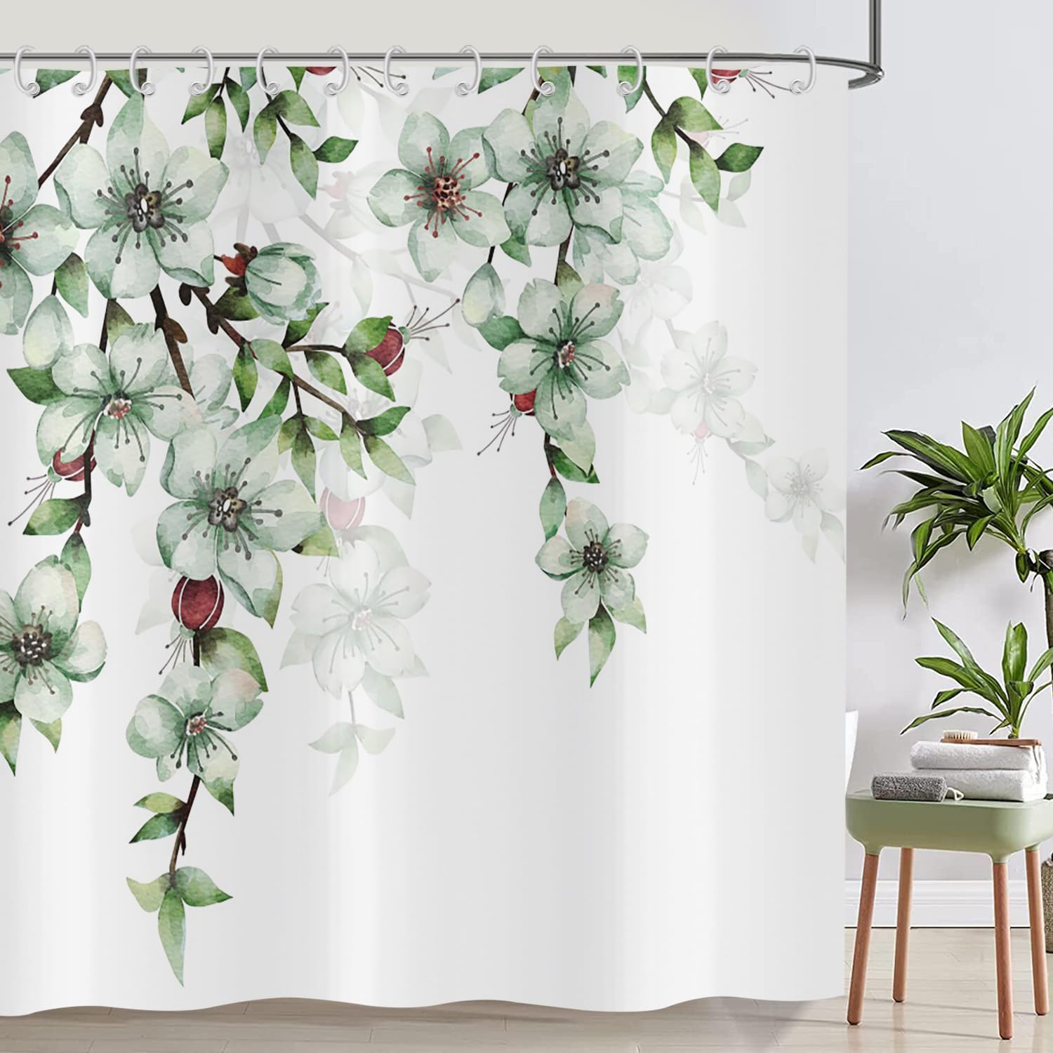 ASDCXZ Flower Shower Curtain 180x200 cm, Spring Hand Painted Green Flower Leaves Red Balausta White Bath Washable Shower Curtains Polyester Textile Waterproof Bath Curtain for Bathtub with 12 Hooks โ image 1