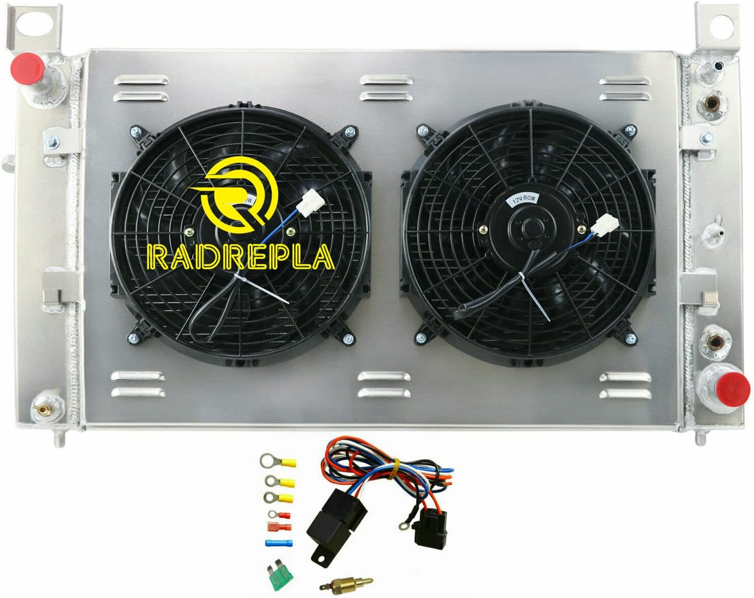 Aluminum Radiator for 99-13 Chevy Silverado 1500/Sierra 1500 Radiador for 02-05 Cadillac Escalade 5.3L V8 GAS 4 Row Radiators Shroud 2x12" Fans Thermostat Relay Kit 03 04 06 07 08 09 10 11 12