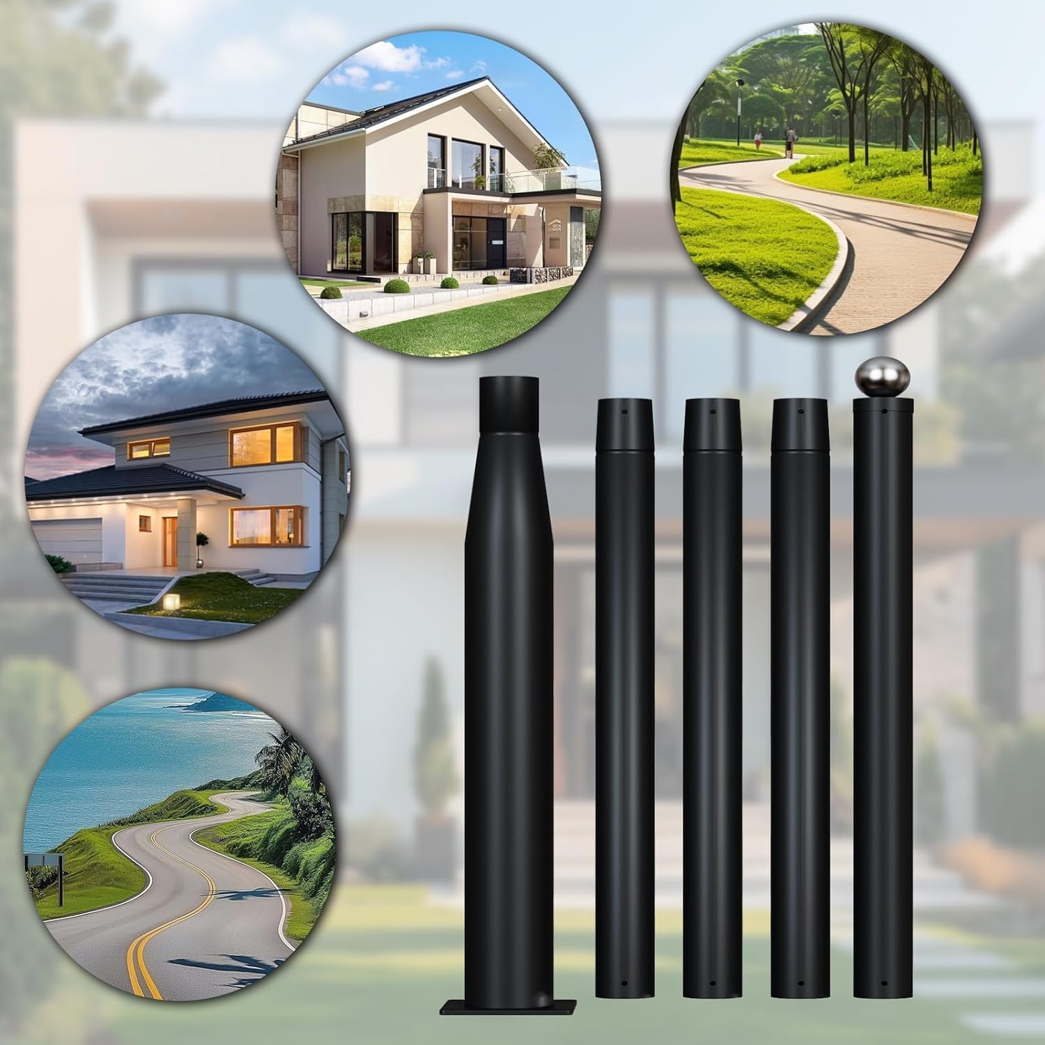 16 Ft Tall Street Light Pole, Solar Street Lamp Post Fixture, Adjustable Heavy Duty Metal Street Llight Fixture for Outdoor Lights, with Mounting Rebar Cage Base Accessory for Parking Lot, Walkway