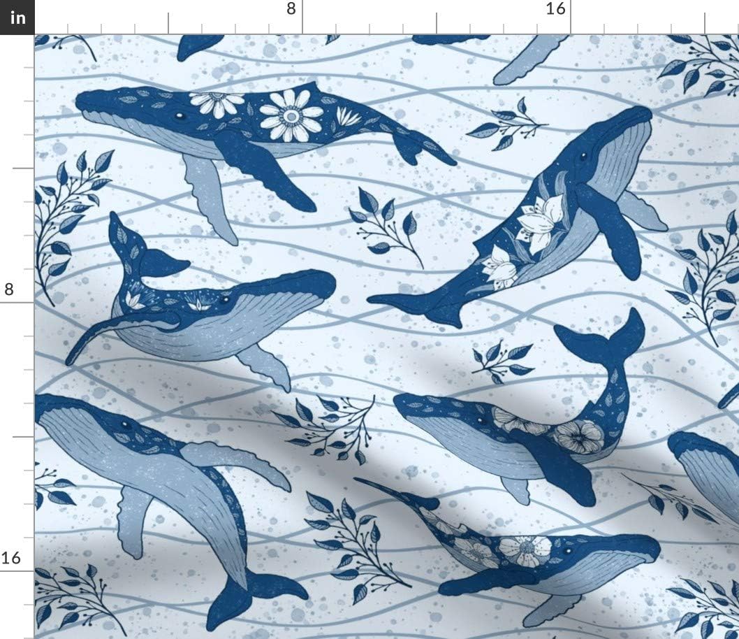 Spoonflower Fabric - Floral Whales Humpback Whale Pod Ocean Blue Modern Boho Nautical Life Printed on Petal Signature Cotton Fabric Fat Quarter - Sewing Quilting Apparel Crafts Decor