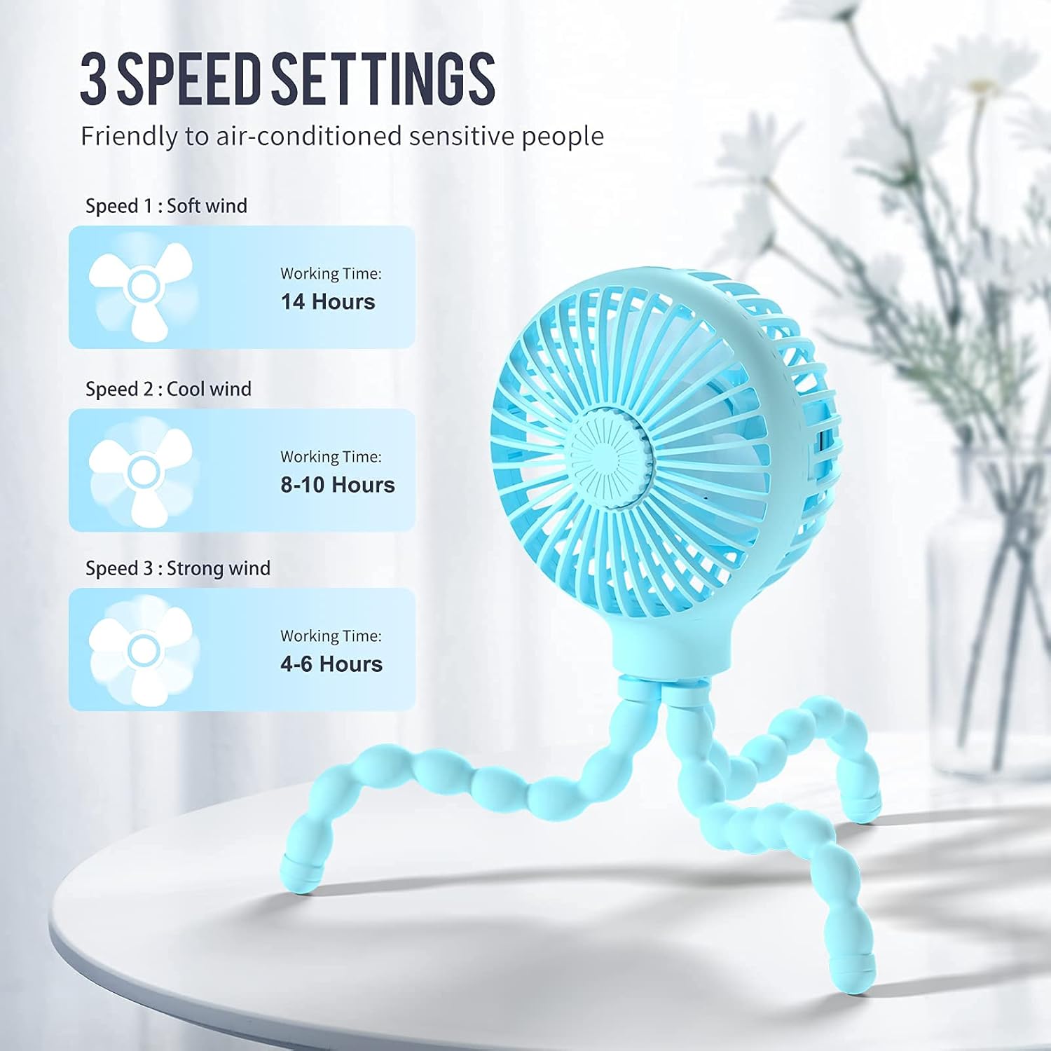 Stroller Fan Upgraded Handheld Personal Fan Battery Operated Mini Portable Fan with LED Light Aromatherapy, Flexible Tripod Clip On Fan with 3 Speeds Versatile Fan for Car Seat Crib Bike Desk (Blue) : Baby