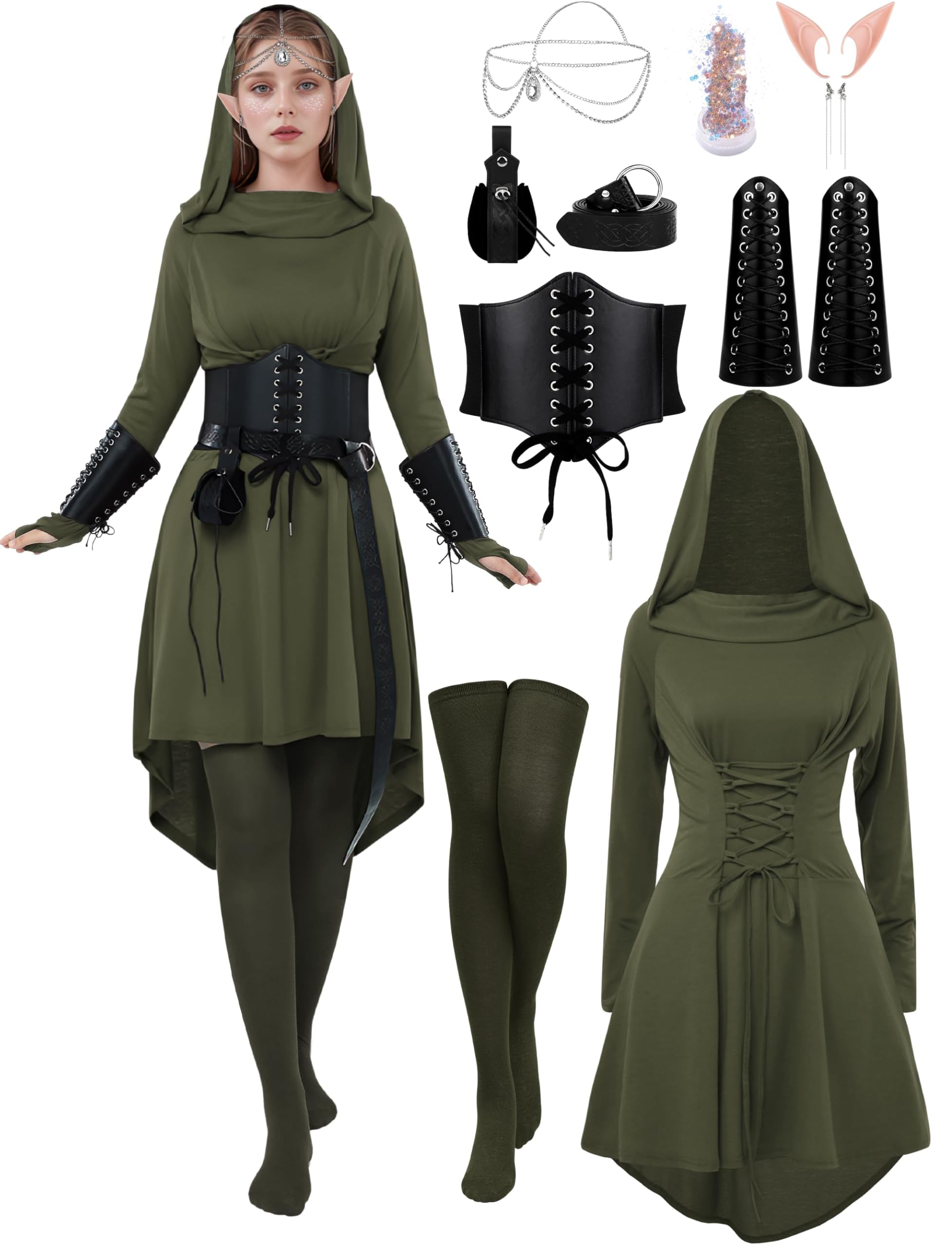 AOTHSO10 Pcs Women Medieval Renaissance Fairy Costumes Set Medieval Hooded Robe Elf Accessories for Halloween Cosplay