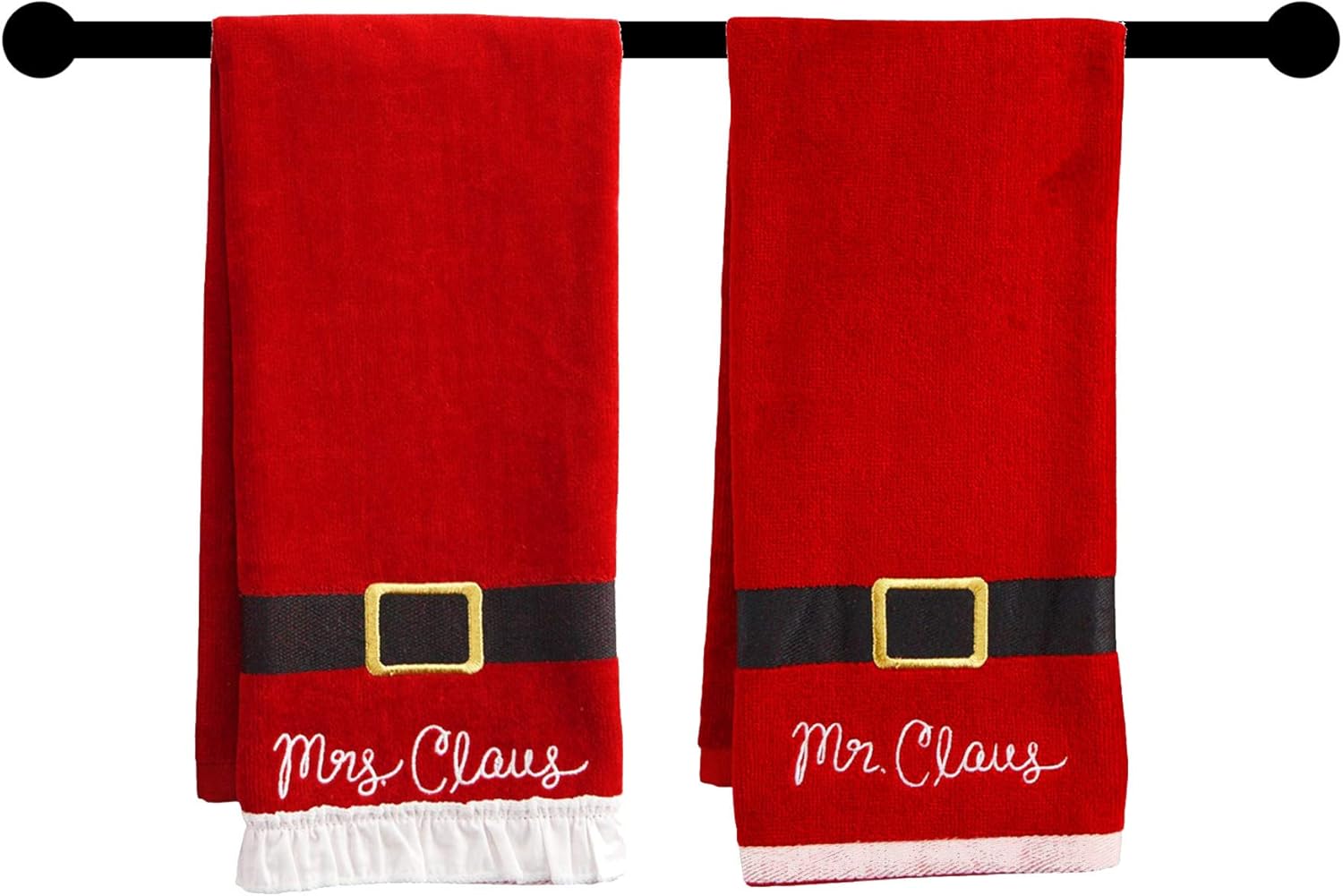 St. Nicholas Square Christmas Towels, Red Bath Hand Towel Set of 2, Mr. & Mrs. Claus with Santa Belt Decorative Design 25 x 16 Inches Bathroom Decorating for The Holidays