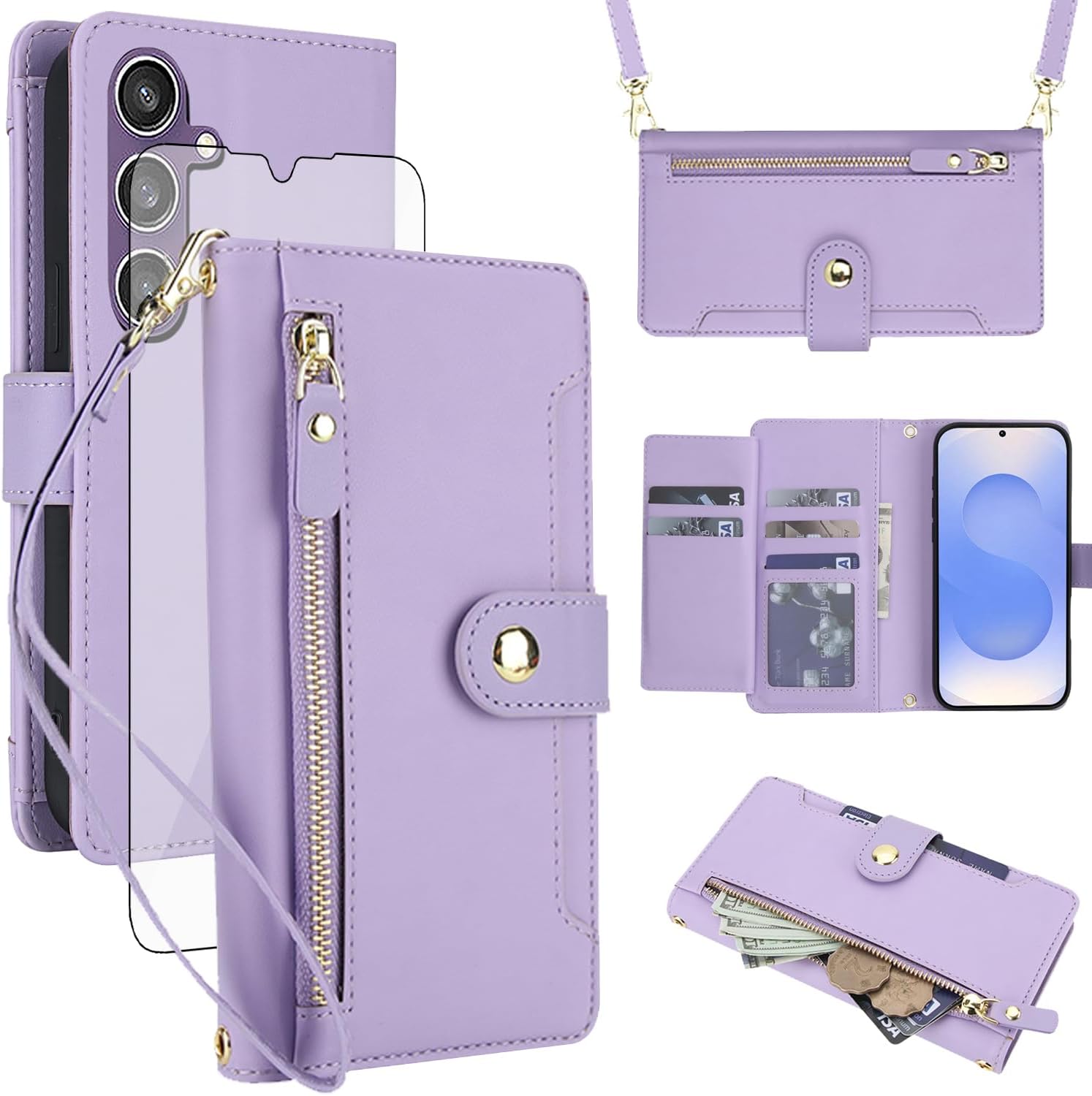 Asuwish Phone Case for Samsung Galaxy S24 Plus/S25 Plus S24+ S25+ 5G Zipper Wallet Cell Cover, with Screen Protector and Strap, Card Holder S24Plus 24S + S 24 24+ S25Plus 25S 25+ Women Light Purple