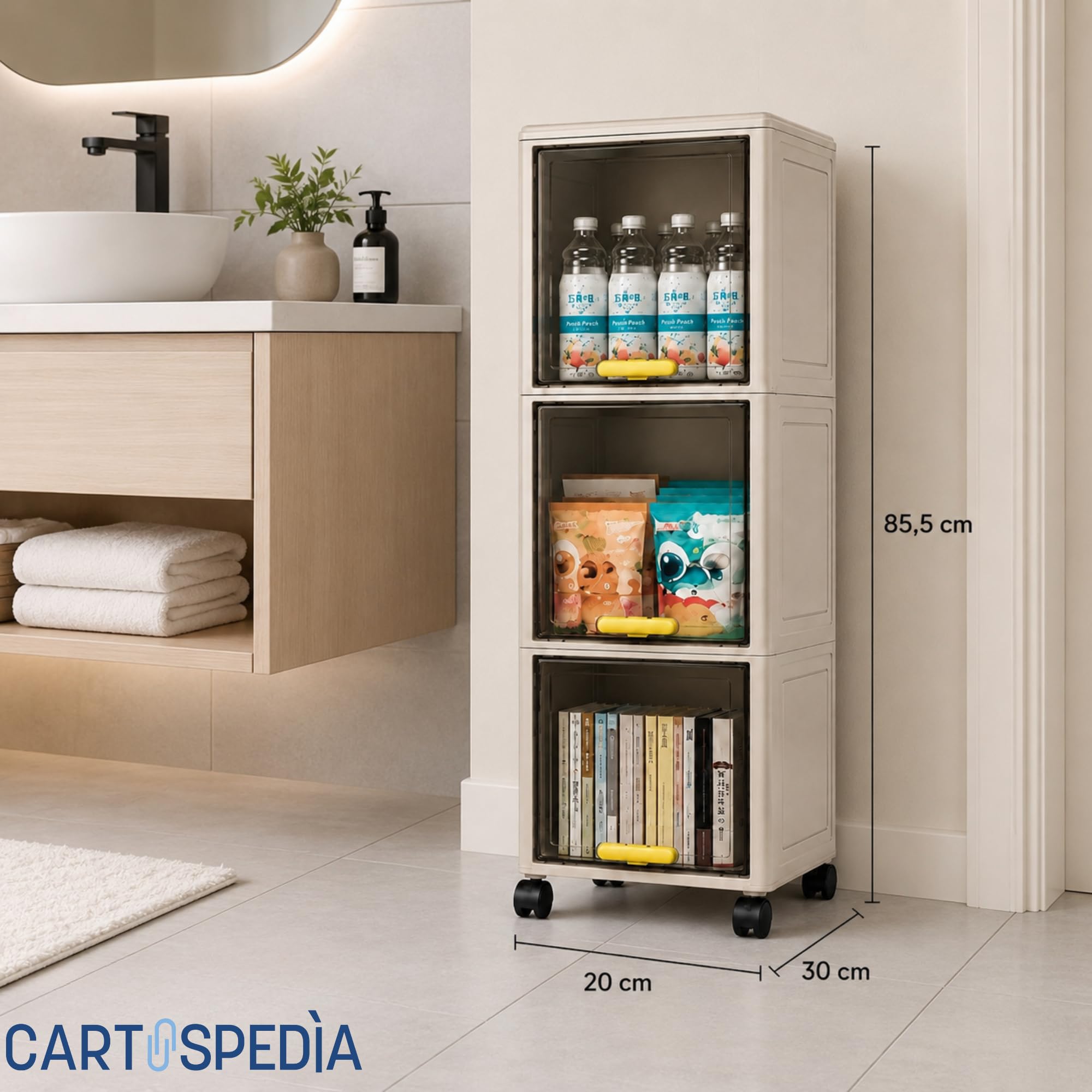 Mobiletto Bagno Salvaspazio 3 Livelli con Ruote - Organizer Salvaspazio ROBUSTO e Ante Trasparenti (20x30x85,5 cm) per Bagno,Cucina e Lavanderia - Carrello Portaoggetti Verticale - Facile da Montare