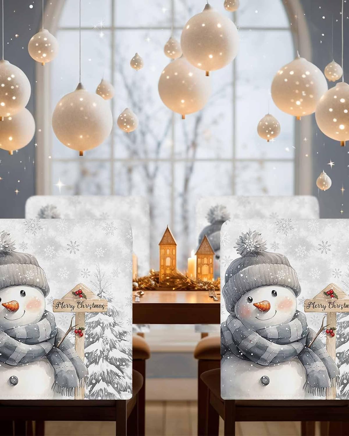 Christmas Chair Covers Set of 6 Snowman Chair Slipcover Protector Removable Washable Stretch Chair Covers Grey Pine Tree Chair Back Covers for Dining Chairs Kitchen Dinner Party Xmas Holiday Decor