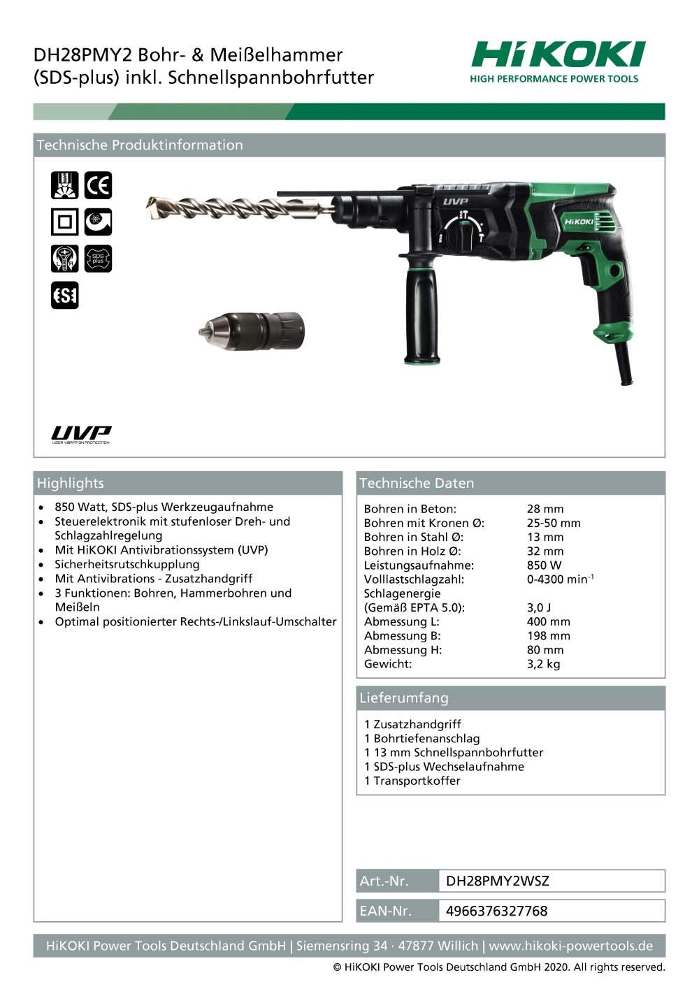 HIKOKI DH28PMY2WSZ - Martillo ligero combinado SDS-Plus 3 posiciones 850W 3.0J 1100 rpm 4300 imp hasta 28 mm hormigón con maletín DH28PMY2Z