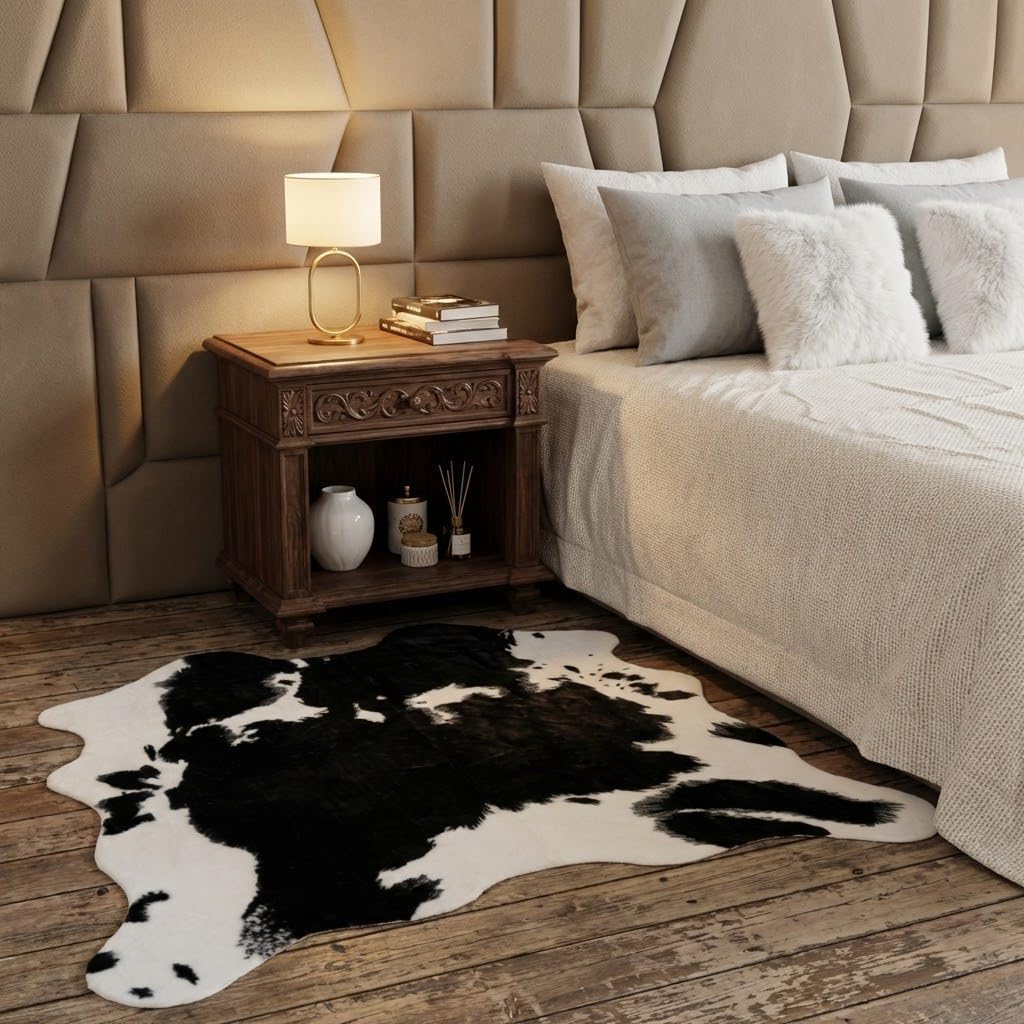 Cow Print Area Rug, Faux Cowhide Rug, Modern Farmhouse Western Living Room Bedroom Carpet Decor, Non-Slip 4'7" x 5'3"（140x160cm）