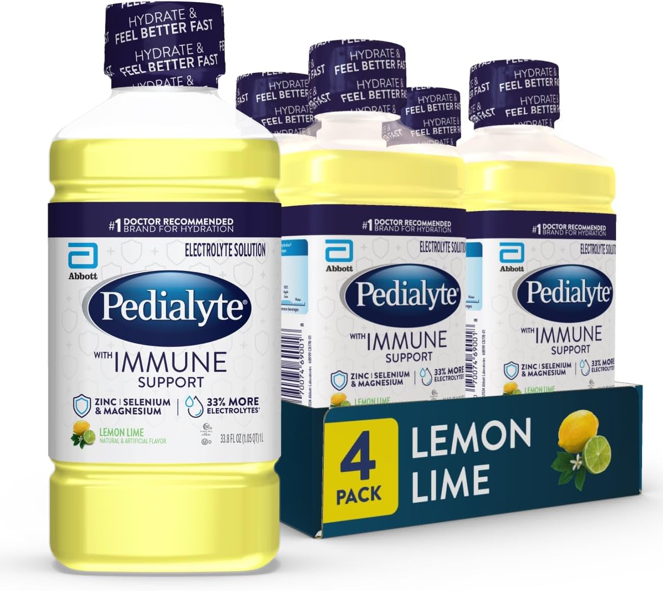 Pedialyte with Immune Support Electrolyte Solution, Hydration Drink with Zinc, Selenium, and Magnesium, Lemon Lime, 1 Liter, Pack of 4