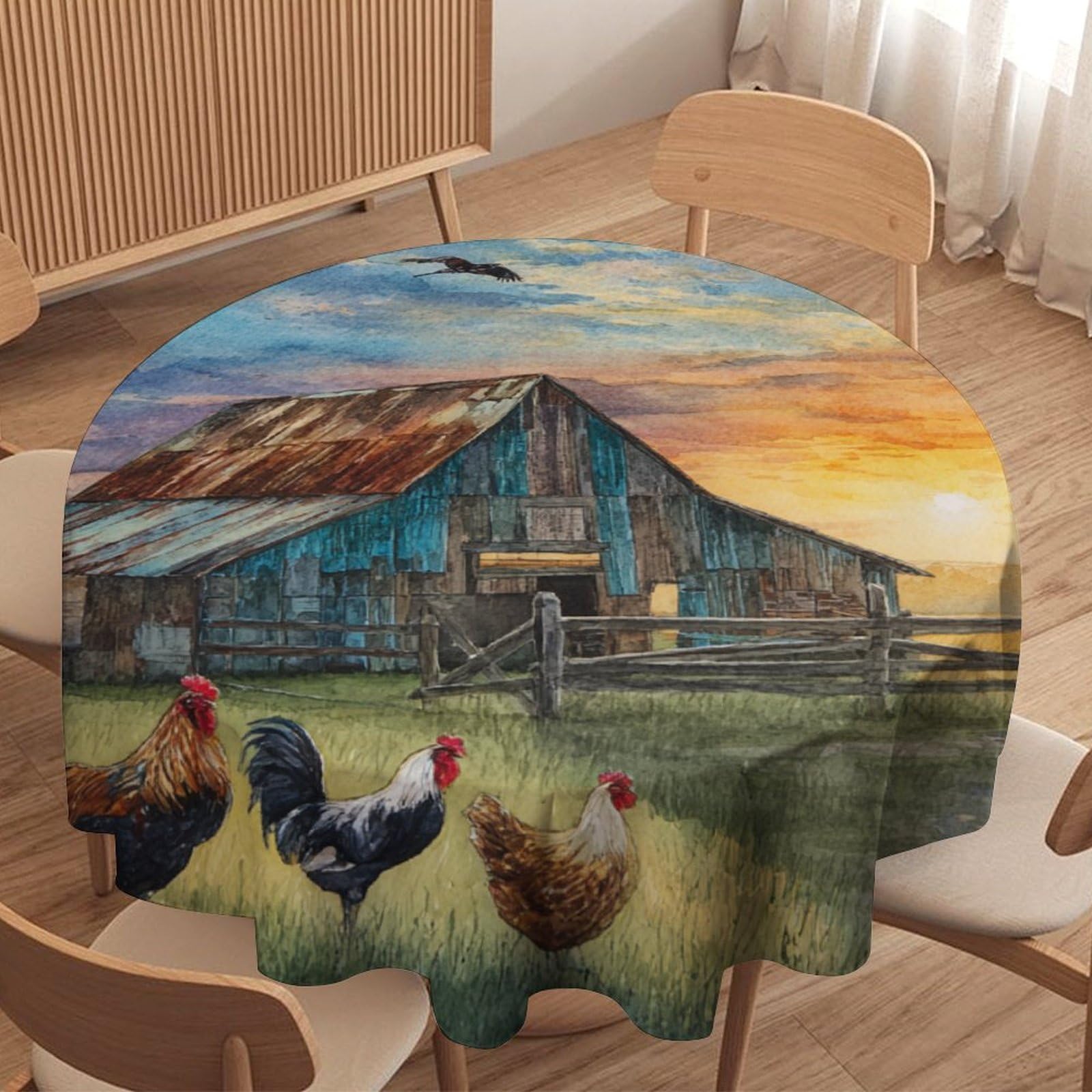Luyysky Western Rustic Farm Chickens Waterproof Round Tablecloth Retro Oil Painting Sunset Barn Animal Rooster Birds Washable Table Cover For Kitchen-177.8" Wx177.8 L Cm