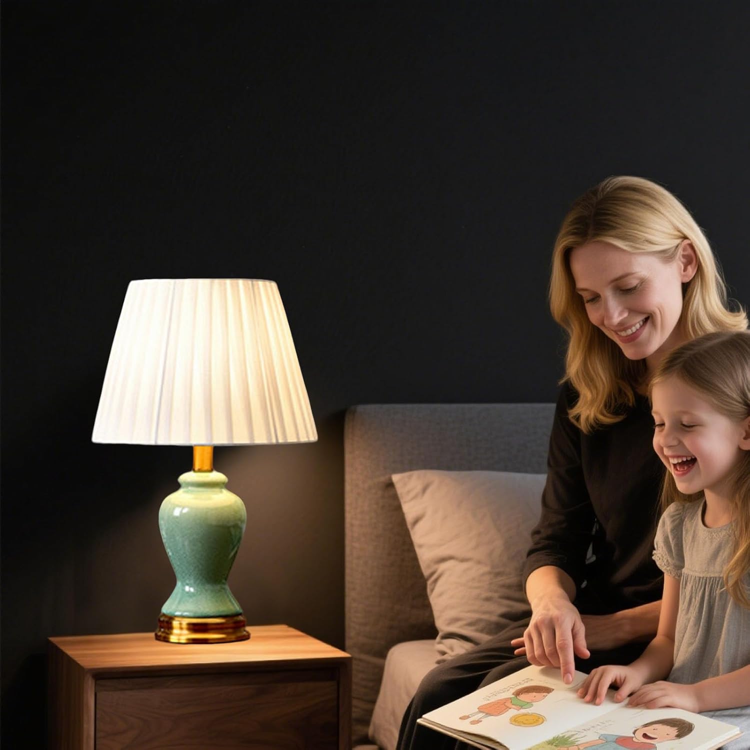 18" White Shade Modern Bedside Desk Lamps with 3 Way Dimmable Lamp Green Ceramic Table Lamp for Unique Gifts RoomHome Office Decor