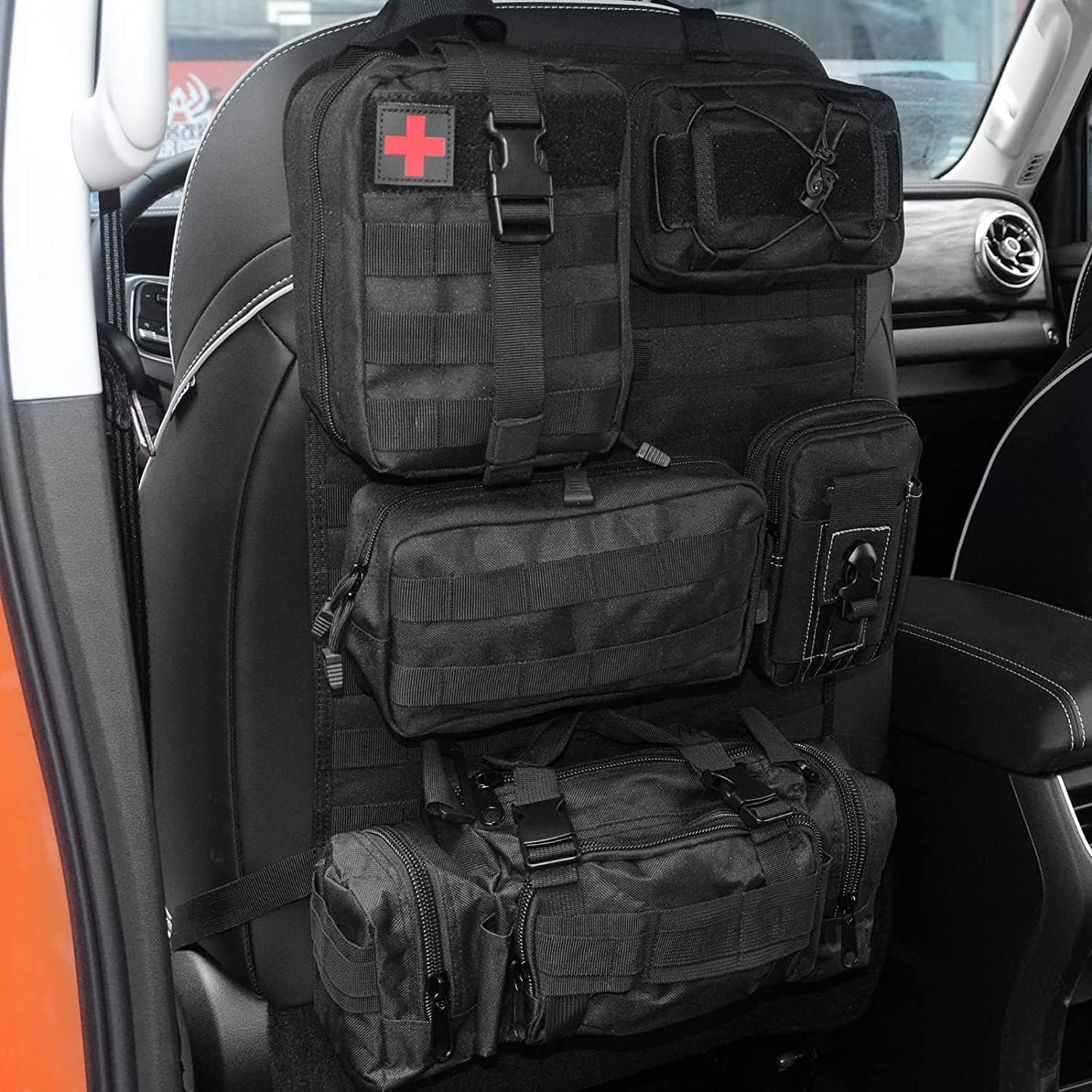 Molle Organizer na oparcie fotela samochodowego z 5 zdejmowanymi torbami Molle, do samochodów ciężarowych (czarny)