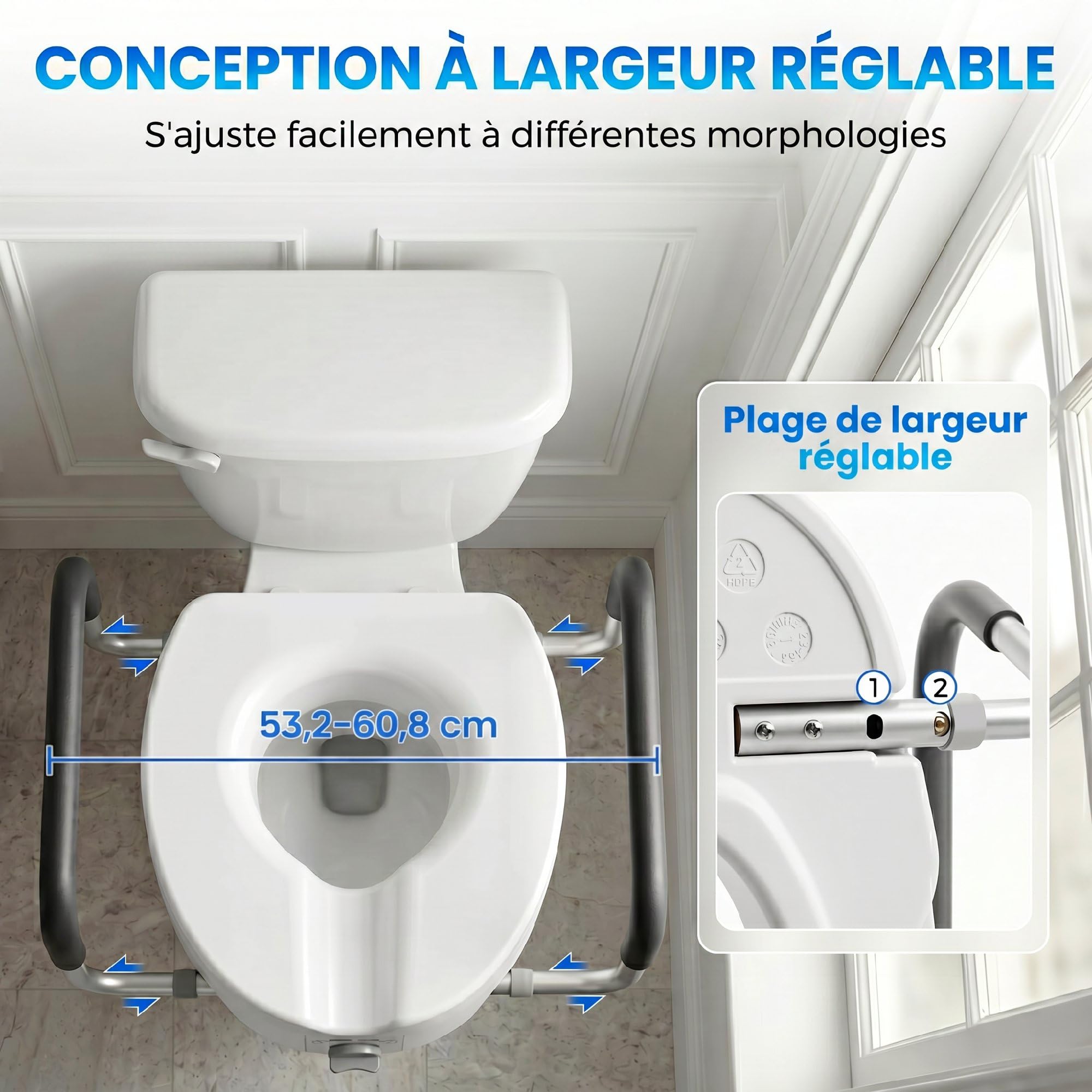 HOMCOM Rialzo sedile WC con maniglie, larghezza regolabile, braccioli imbottiti, installazione senza attrezzi, facile da montare, per anziani e convalescenti, bianco