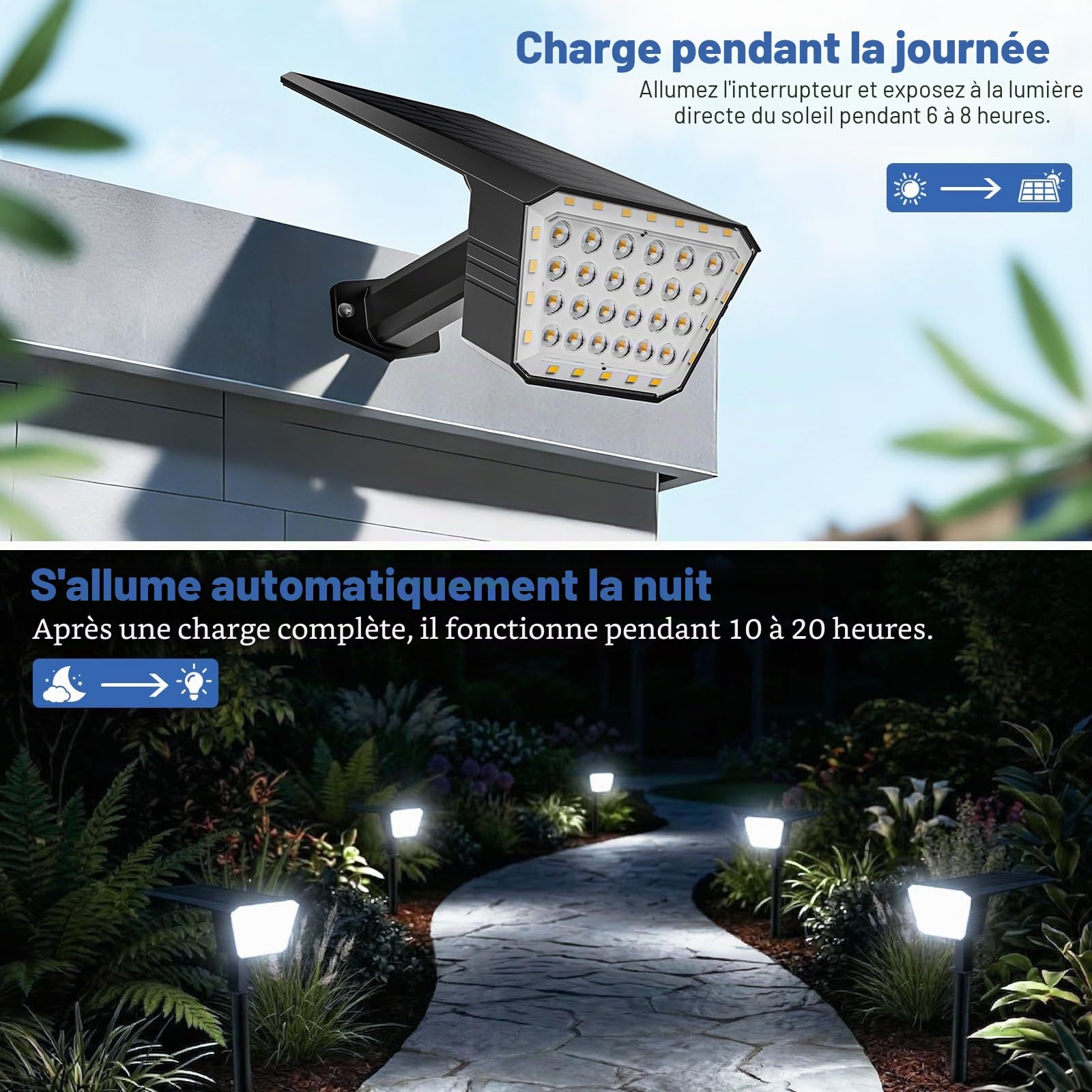 FIFlying Lot de 4 Spot Solaire Extérieur, 44 LED Lampe Solaire Exterieur, 3 Modes d'Éclairage avec Étanche IP67 Lumiere Solaire Exterieur pour Jardin, Cour, Allée, Chemin - Blanc Froid