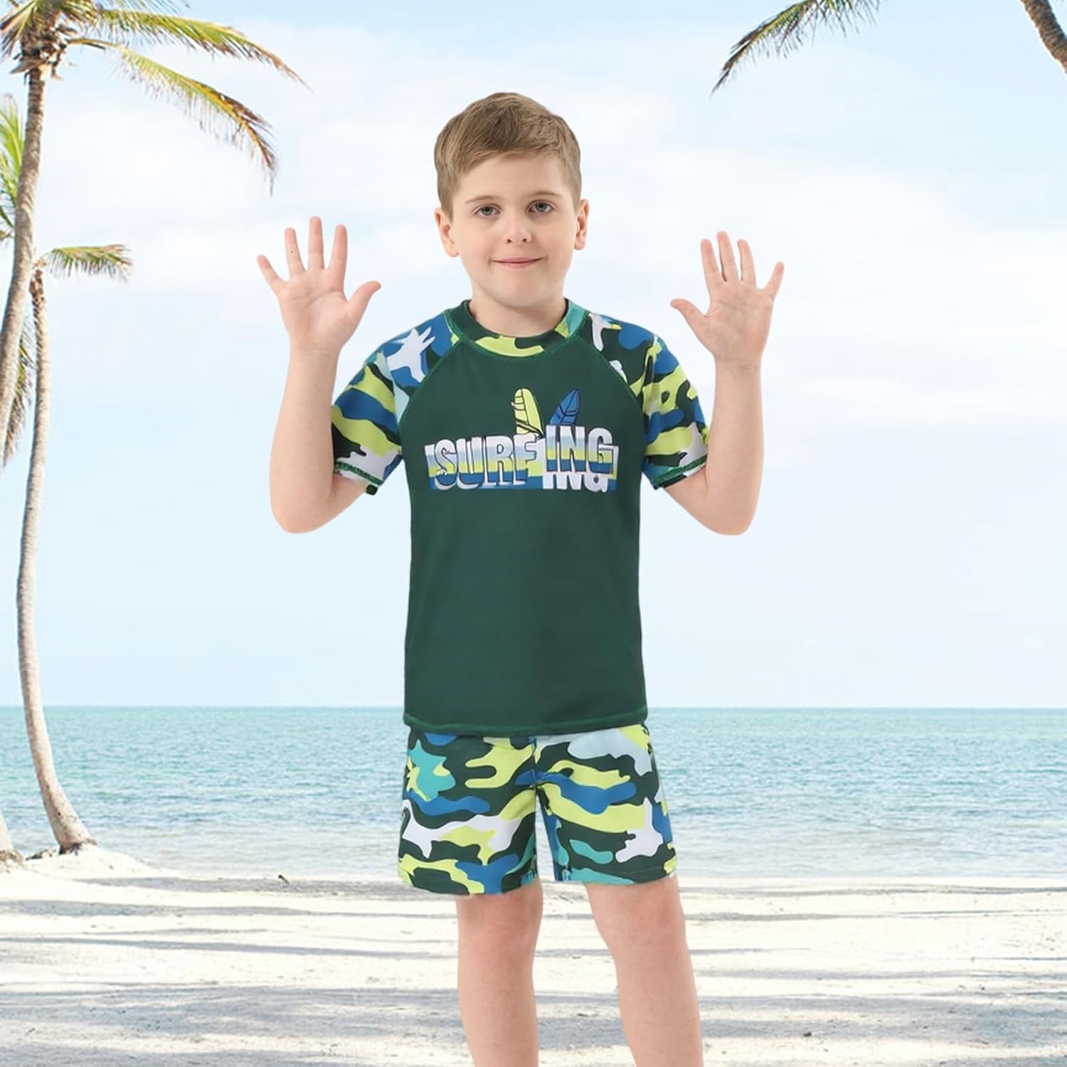 Boys Rash Guard Swimsuits Set for Boys 2 Piece Short Sleeve Swim Shirts Quick Dry Bathing Suits with Trunks - Image 2