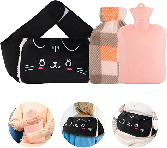 Auniq Hot Water Bottle Belt Carrier, Warm Water Bag Rubber Hot Water Pouch with Soft Plush Hand Waist Cover, Washable 1000ml Hot Water Bag for Neck and Shoulder, Back, Legs, Waist Warm (Black Cat)