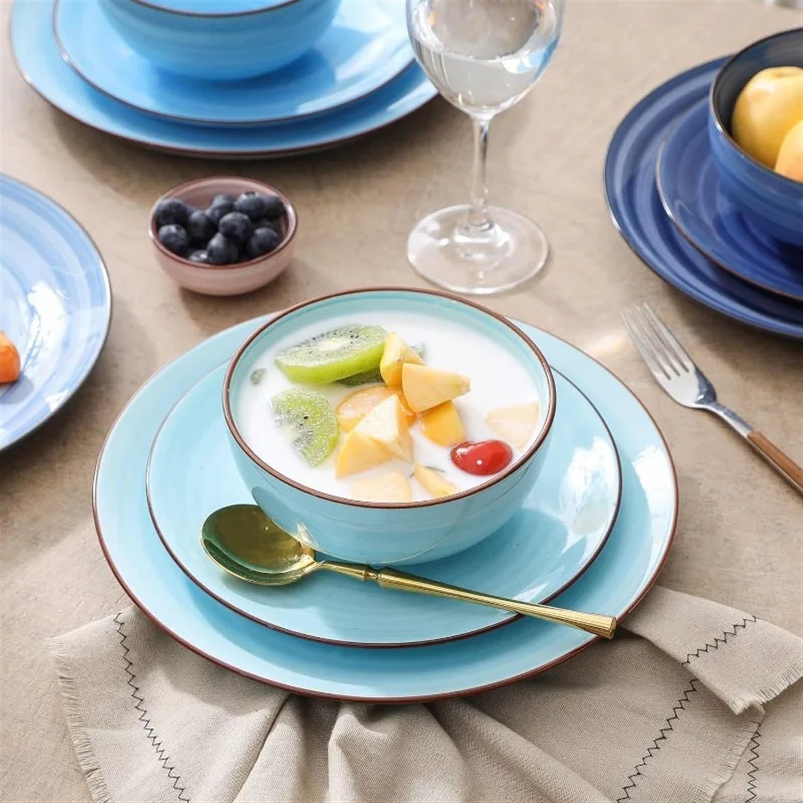 Set di posate in ceramica da 12 pezzi, piatto da insalata e dessert (blu sfumato - 12)