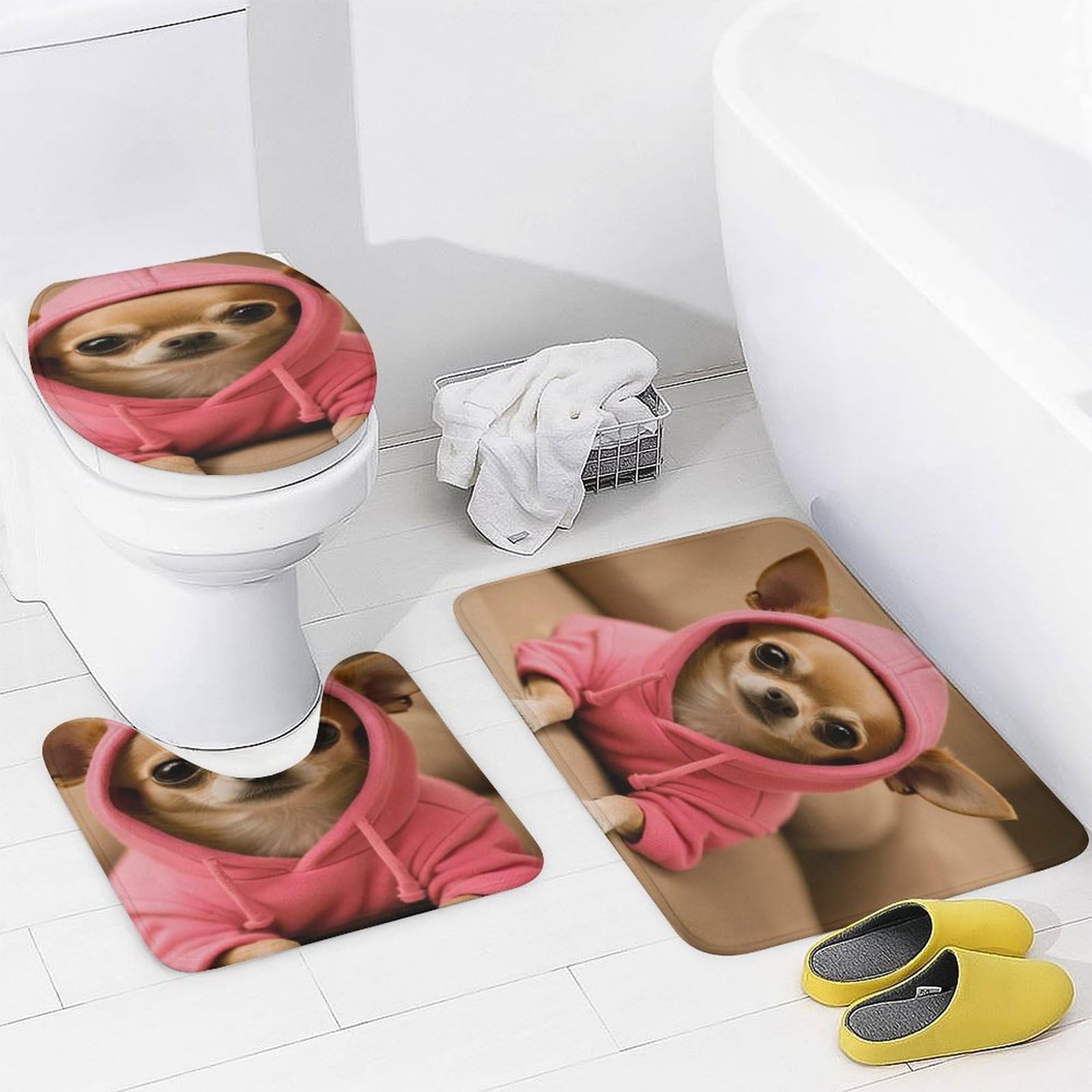 Ensemble de 4 Rideaux de Douche et Tapis de Bain Motif Chiot Chihuahua, hydrofuges et absorbants.