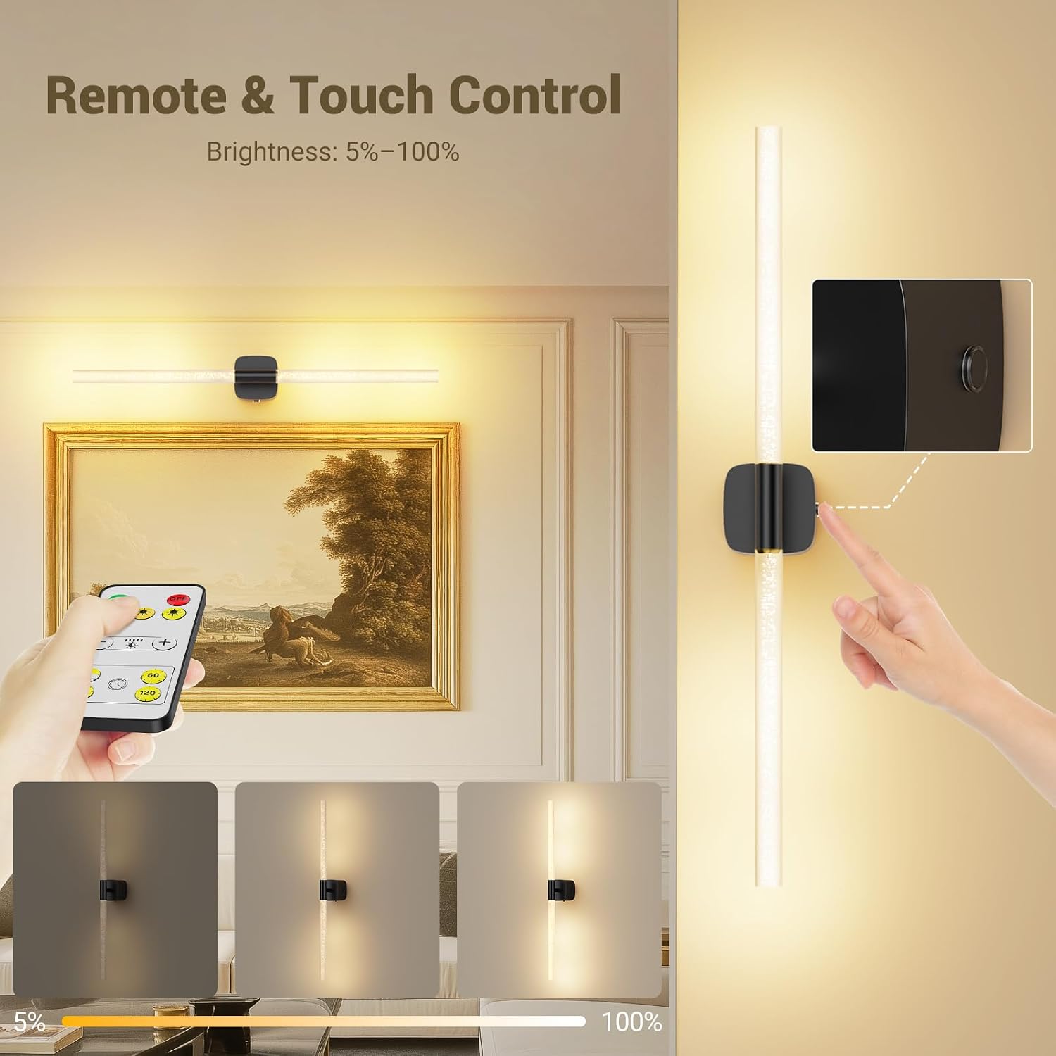MOITA Black Battery Operated Wall Sconce Set of 2, Rechargeable Wireless Wall Lights with Remote and Touch, 360° Rotatable Sconces Wall Decor for Bedroom Living Room (23.62 Inch, 2-Pack)