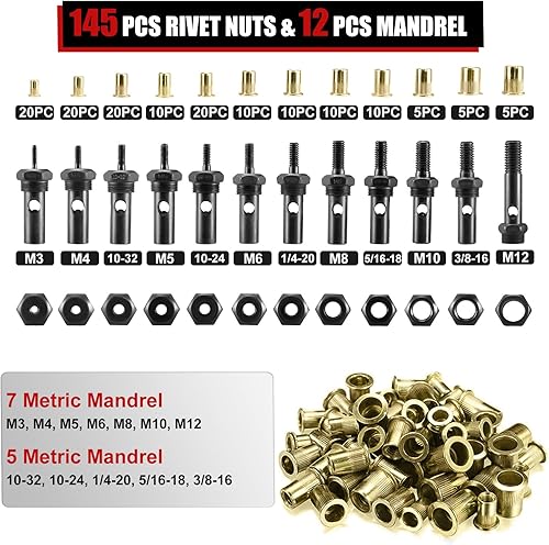 Miniatura 4 de AOBEN Herramienta de tuerca de remache de 16 pulgadas, kit profesional de ajuste de tuercas remachadoras con 12 mandriles métricas y SAE