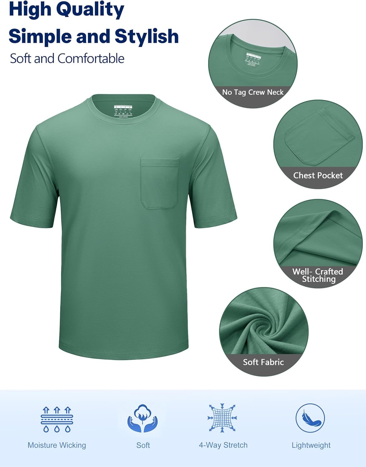 Cotrasen Men's T-Shirts Cotton Short Sleeve T Shirts for Men UPF 50+ Moisture Wicking T-Shirt Casual Crew Neck Pocket Tee - Image 4
