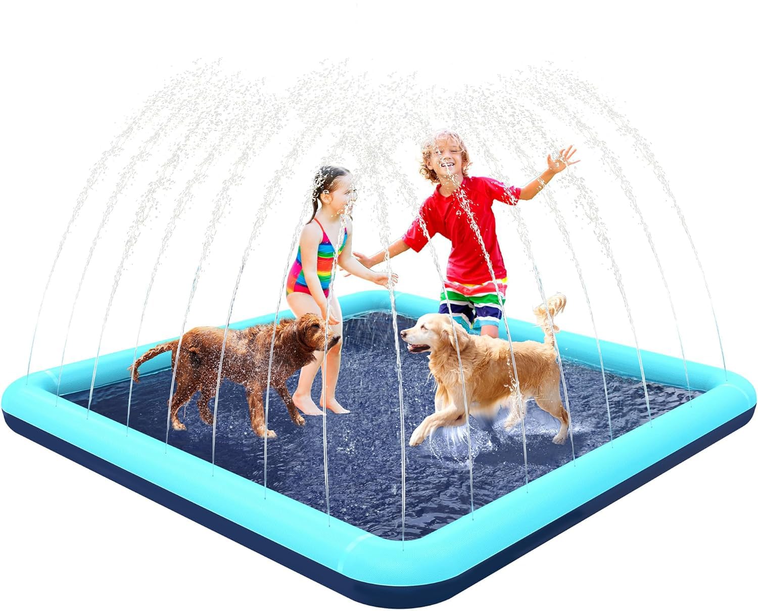 Splash Pad for Dogs and Kids, Azonee Non-Slip Outdoor Sprinkler, 2x2m Square Water Play Pad for Backyard, Shallow Pool for Ages 4+, Dog & Kid Splash Pad (200cm)