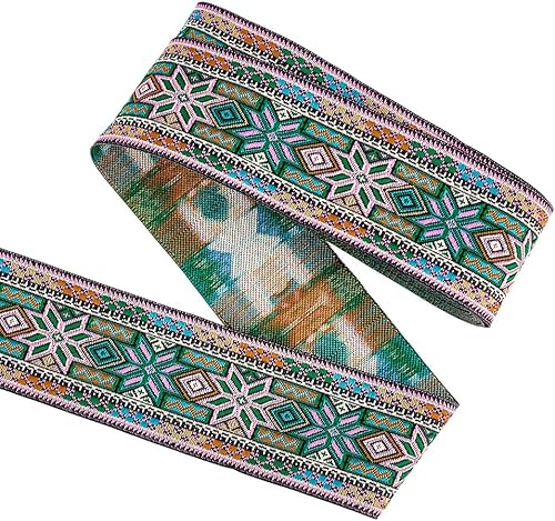 FINGERINSPIRE Cinta jacquard vintage verde de 7.7 yardas de 2 pulgadas, estilo étnico, patrón floral en forma de diamante, bordado, ribete de tela