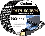 Cat 8 Ethernet Cable 100FT, High-Speed Braided Internet Cable Network Cord with RJ45 Connector 40Gbps 2000Mhz Heavy Duty LAN Cable Shielded Indoor